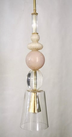 Contemporary Italian Crystal Pink & Gold Cream White Murano Glass Pendant Light