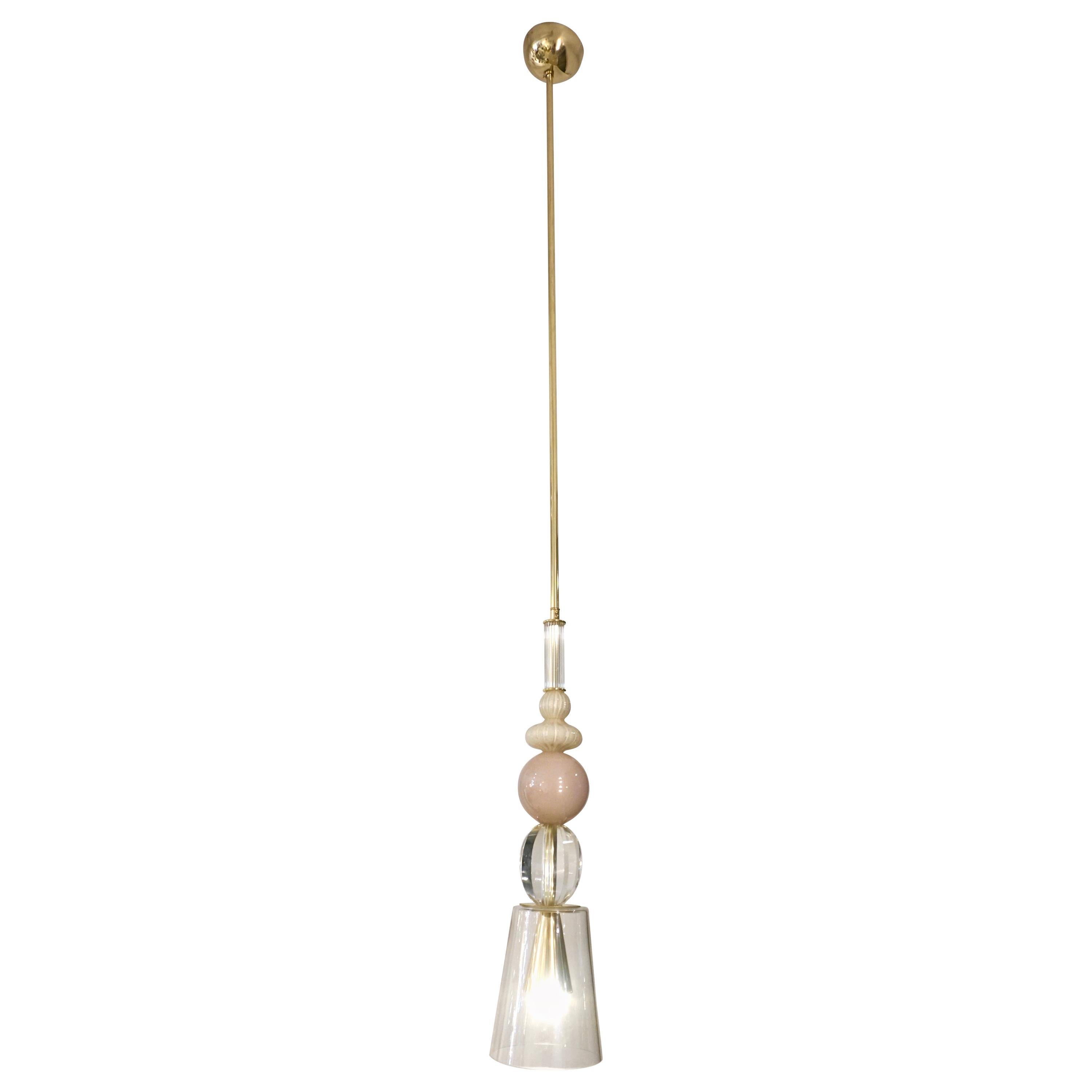 Contemporary Italian Crystal Pink & Gold Cream White Murano Glass Pendant Light For Sale