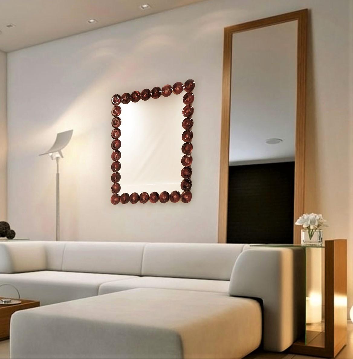 Contemporary Italian Custom Amber Murano Glass Disk Drop Shape Modern Mirror For Sale 6