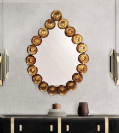 Contemporary Italian Custom Amber Murano Glass Disk Drop Shape Modern Mirror