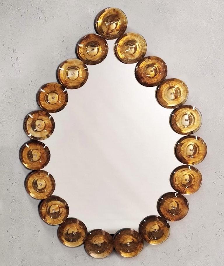 Contemporary Italian Custom Amber Murano Glass Disk Drop Shape Modern Mirror For Sale 9