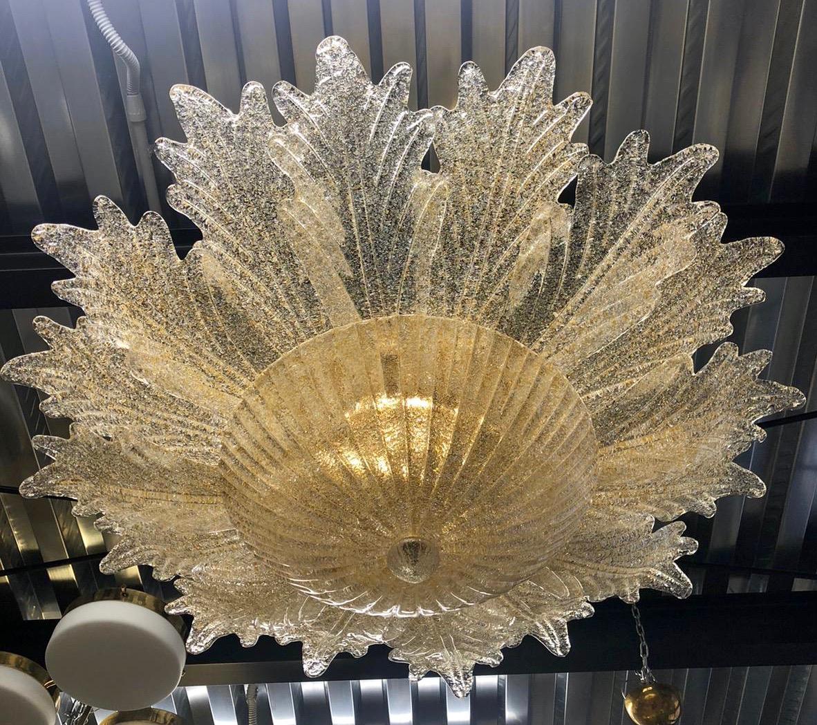 Hand-Crafted Contemporary Italian Custom Amber Textured Murano Glass Flower Flush Mount For Sale