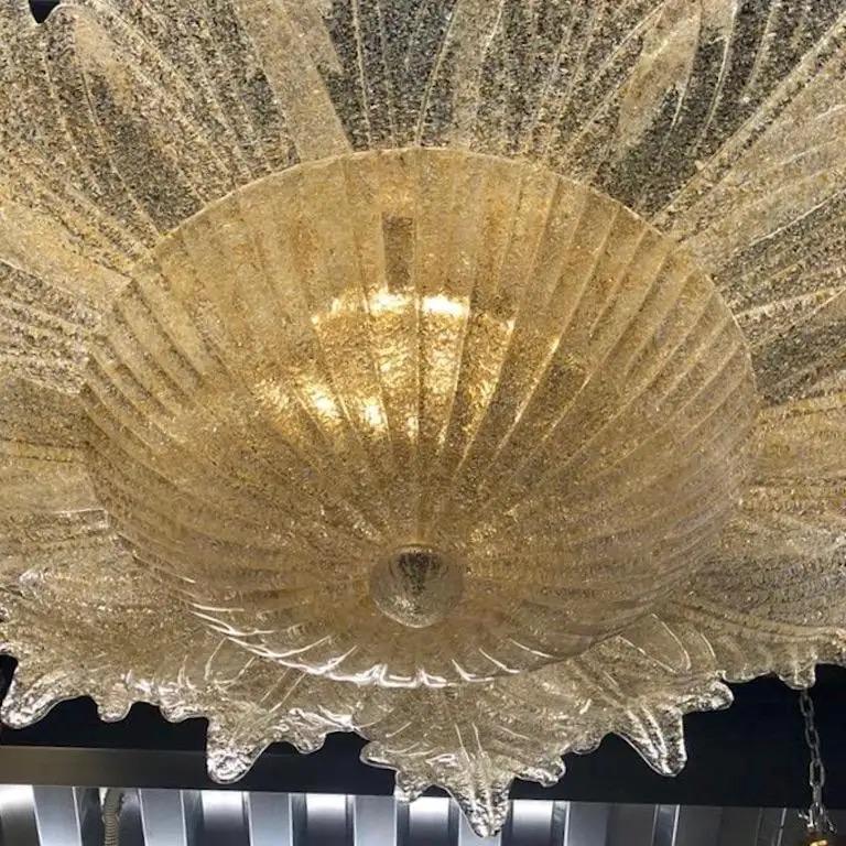Mid-Century Modern Contemporary Italian Custom Amber Textured Murano Glass Flower Flush Mount For Sale