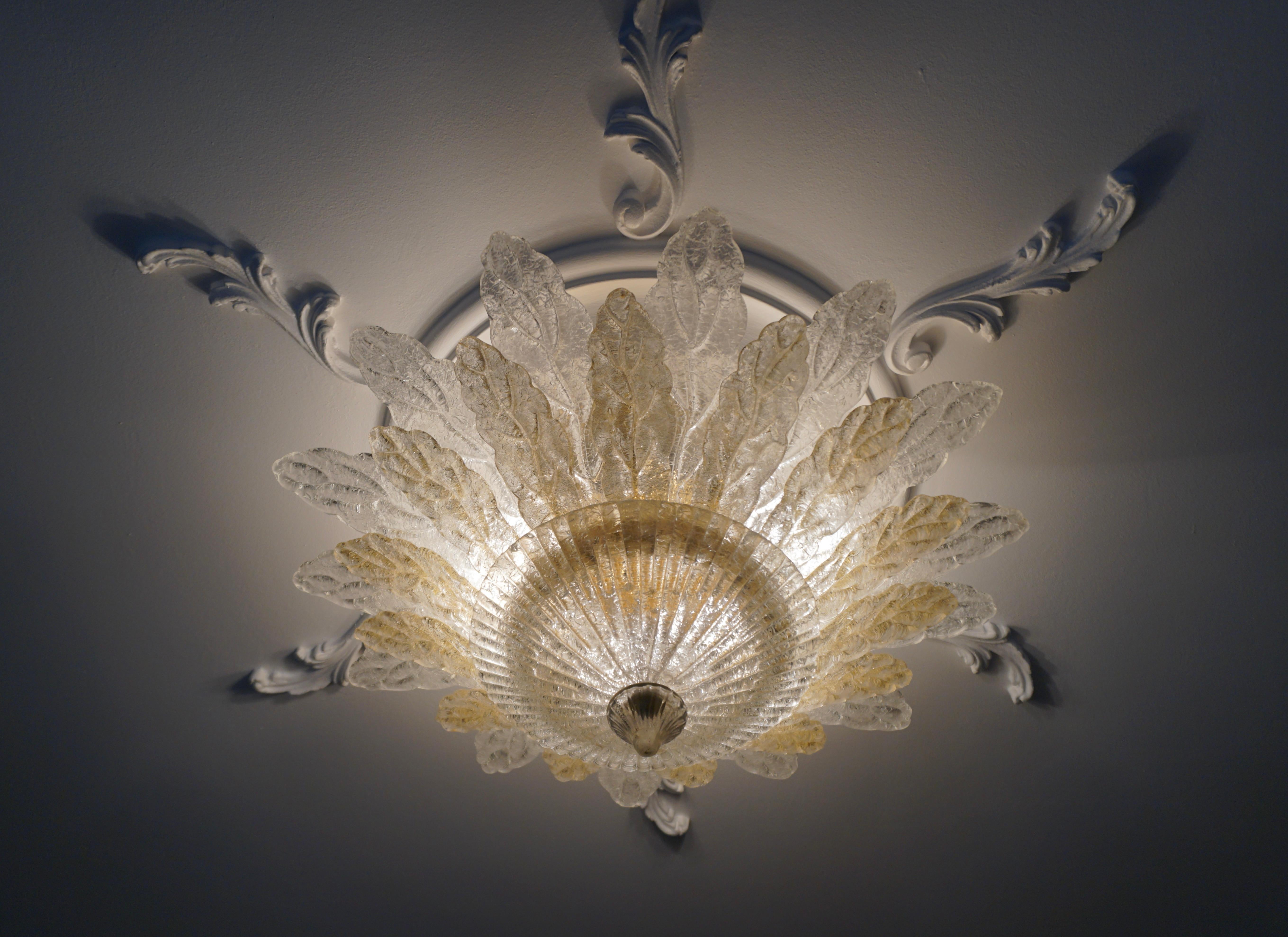 20th Century Contemporary Italian Custom Amber Textured Murano Glass Flower Flush Mount For Sale