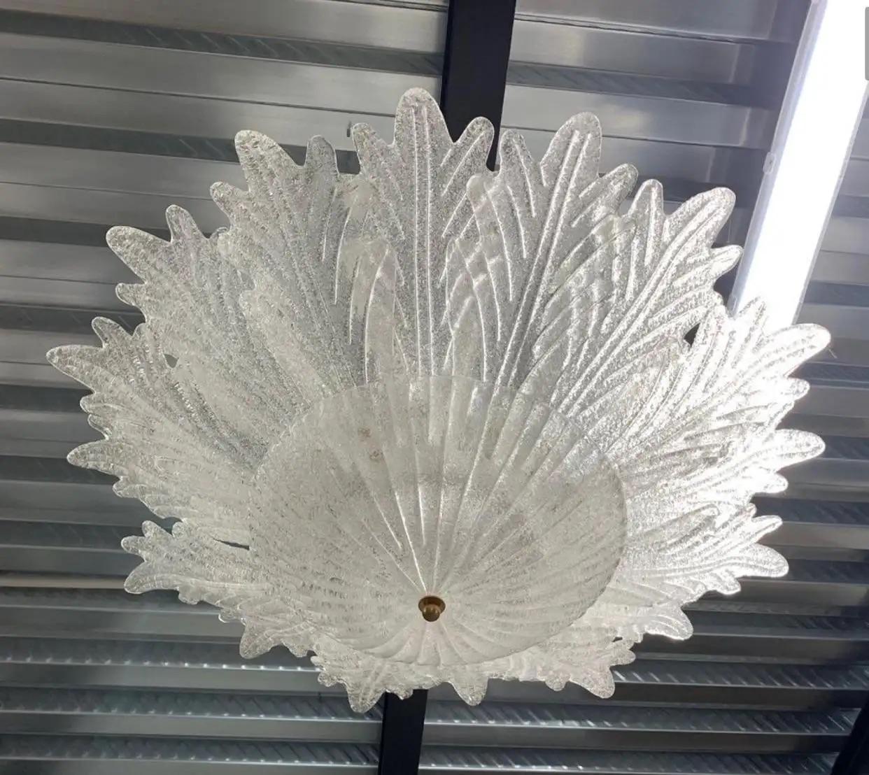 Art Glass Contemporary Italian Custom Amber Textured Murano Glass Flower Flush Mount For Sale