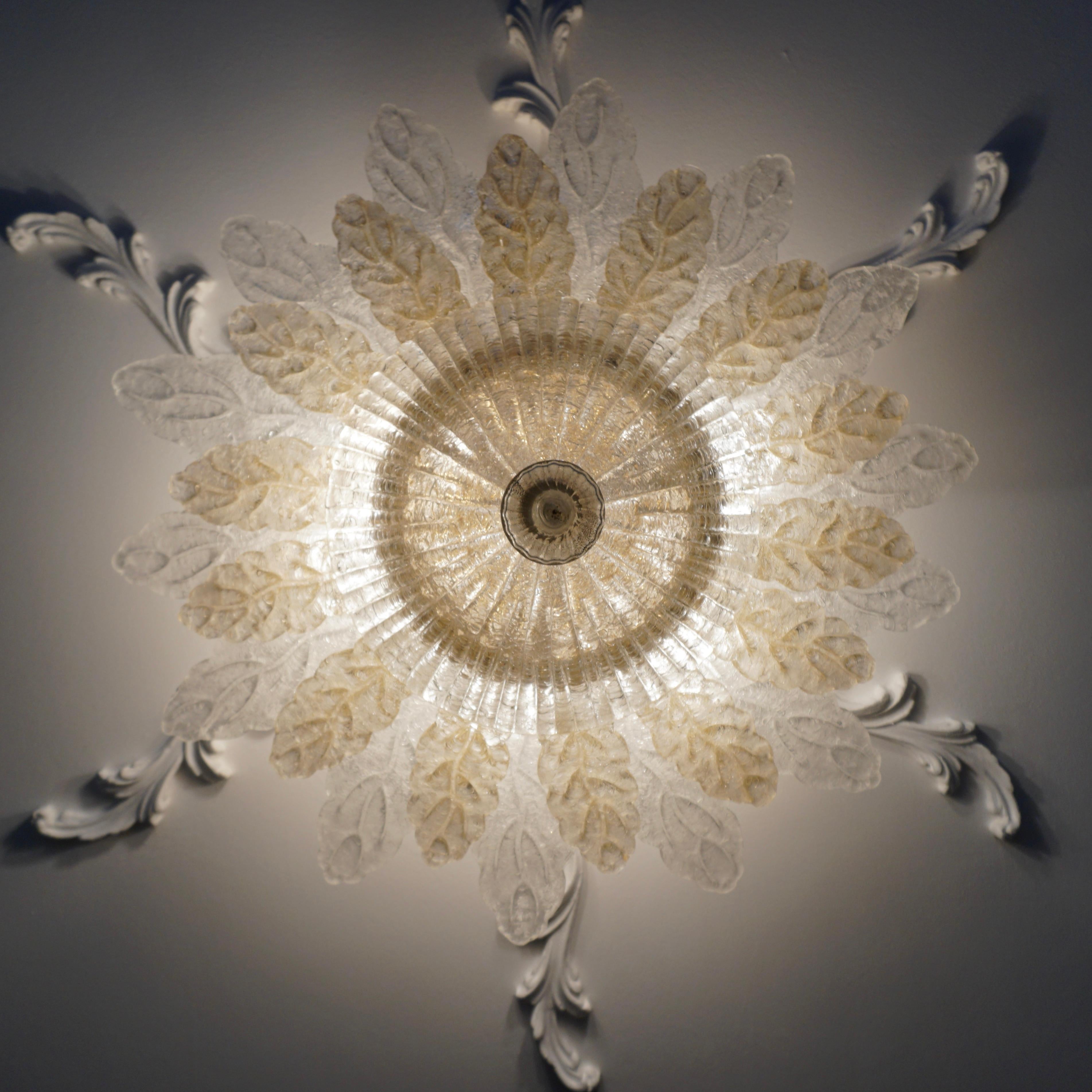 Contemporary Italian Custom Amber Textured Murano Glass Flower Flush Mount For Sale 1