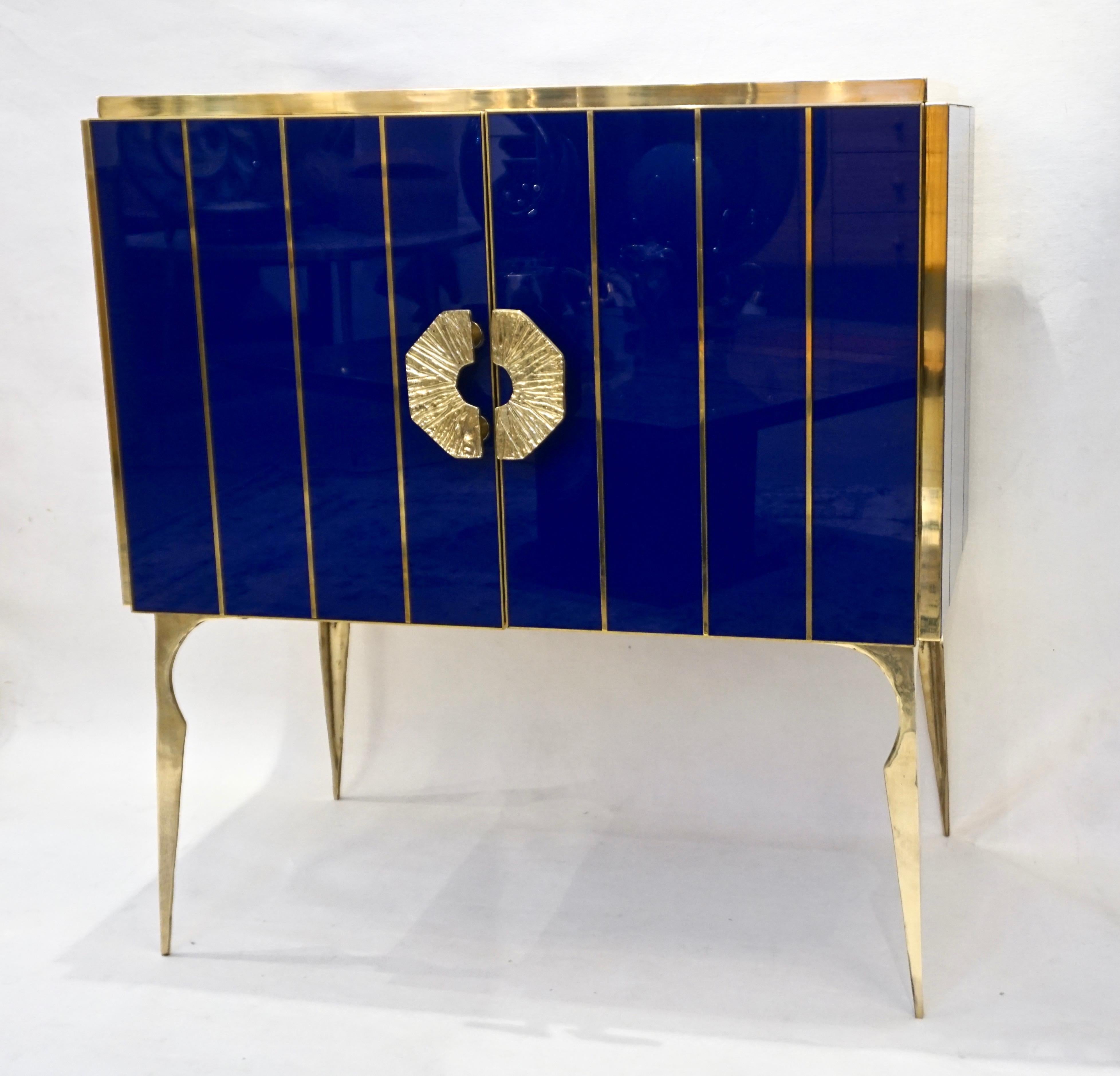 Cast Contemporary Italian Custom Art Deco Style Royal Blue Glass Modern Cabinet/Bar  For Sale