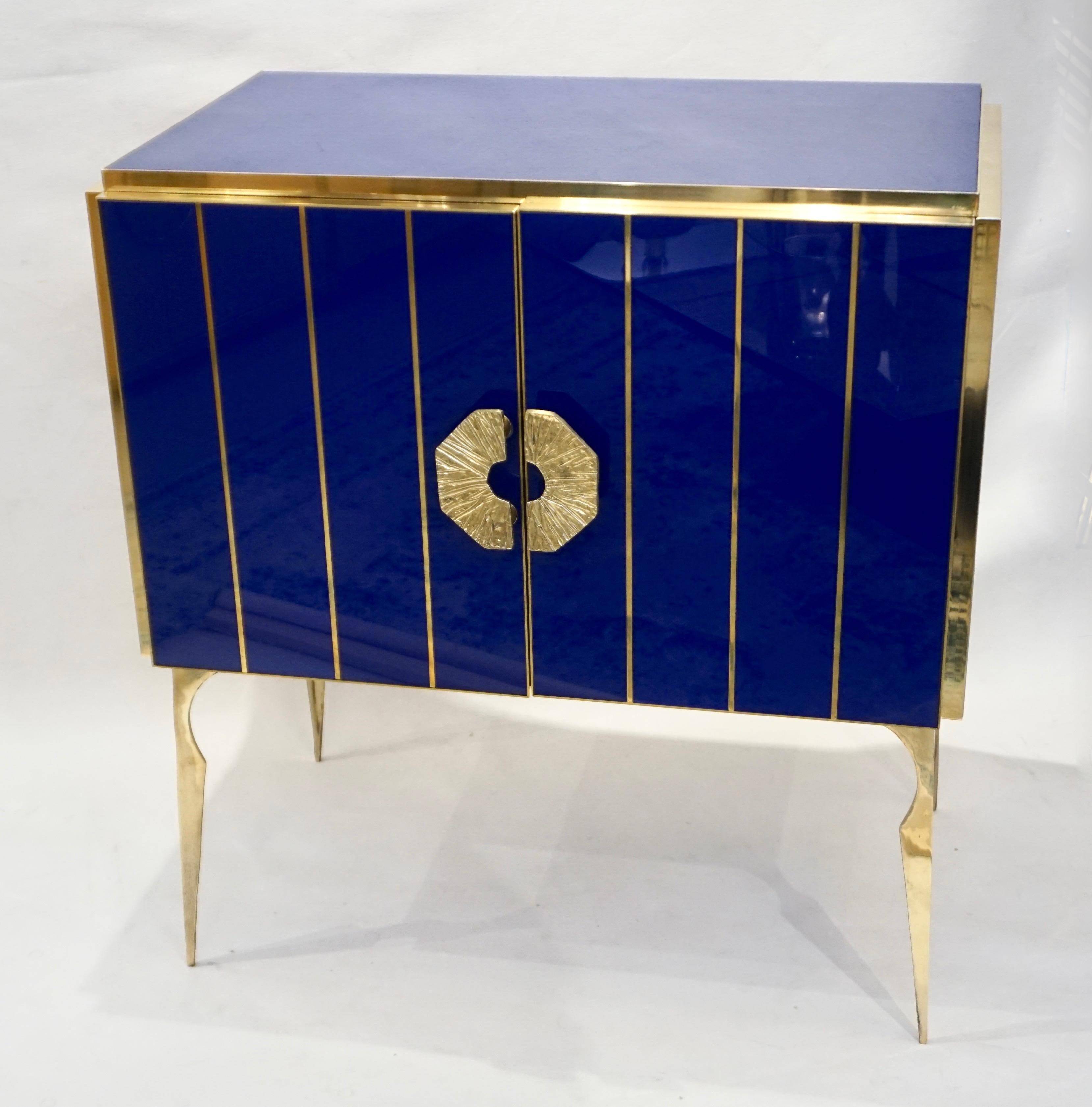 Brass Contemporary Italian Custom Art Deco Style Royal Blue Glass Modern Cabinet/Bar  For Sale