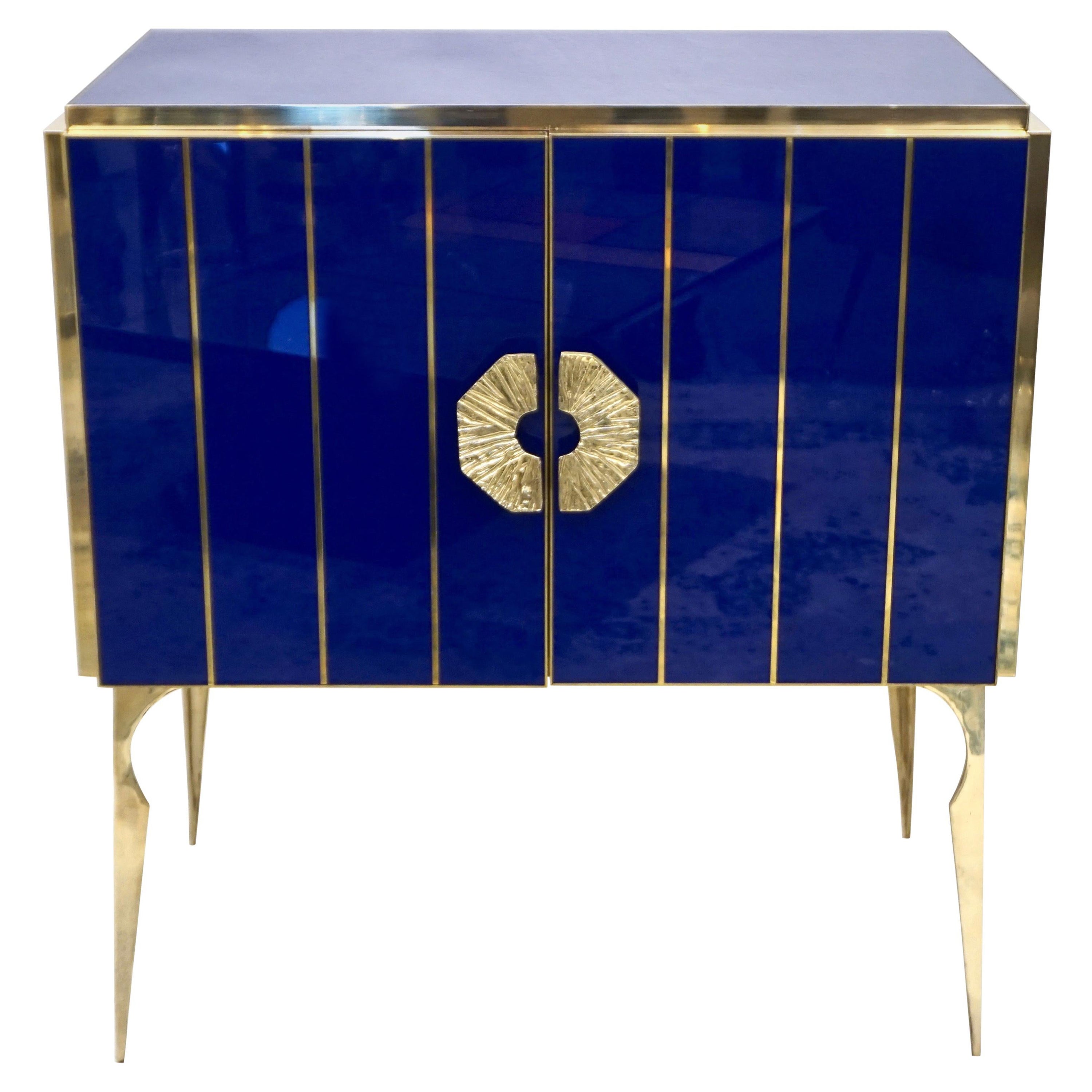 Contemporary Italian Custom Art Deco Style Royal Blue Glass Modern Cabinet/Bar