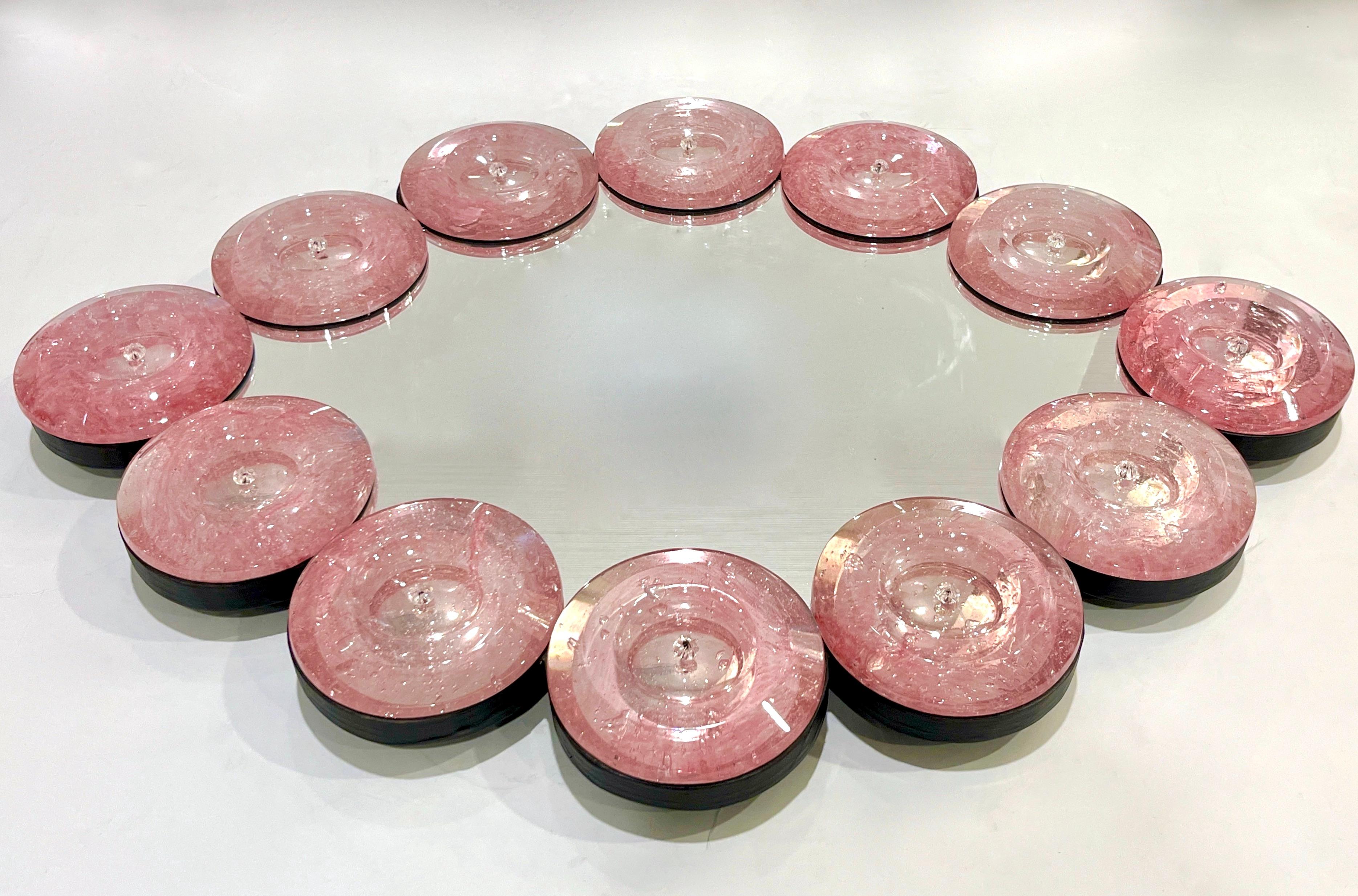 Contemporary Italian Custom Blush Pink Murano Glass Disc Modern Oval Mirror (Miroir ovale contemporain en verre de Murano) en vente 5