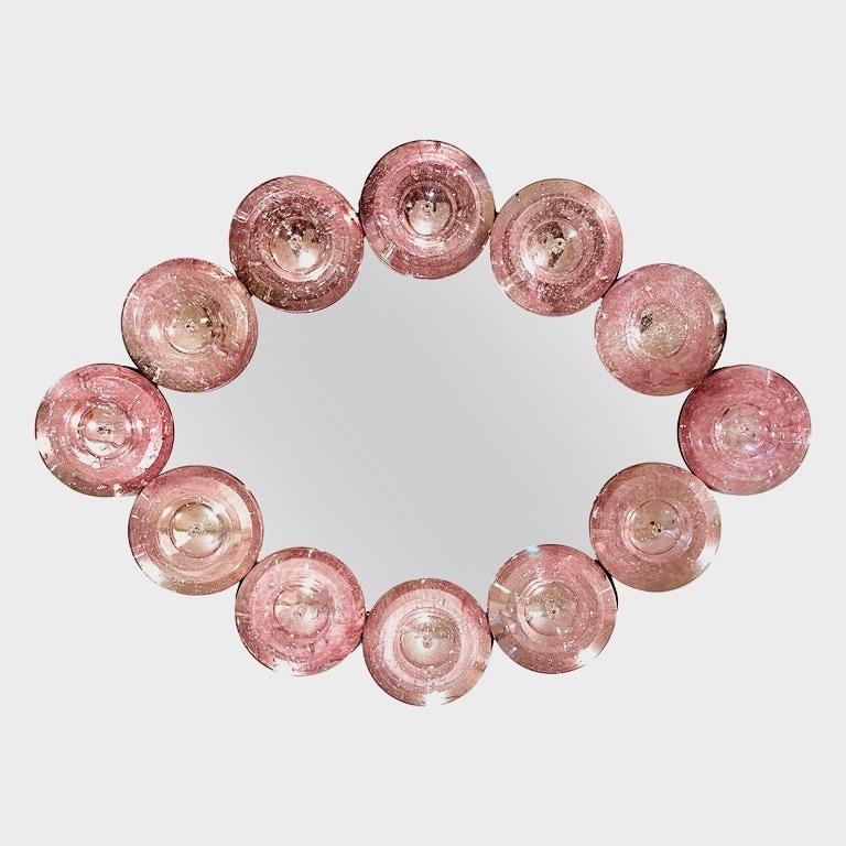 Contemporary Italian Custom Blush Pink Murano Glass Disc Modern Oval Mirror For Sale 3