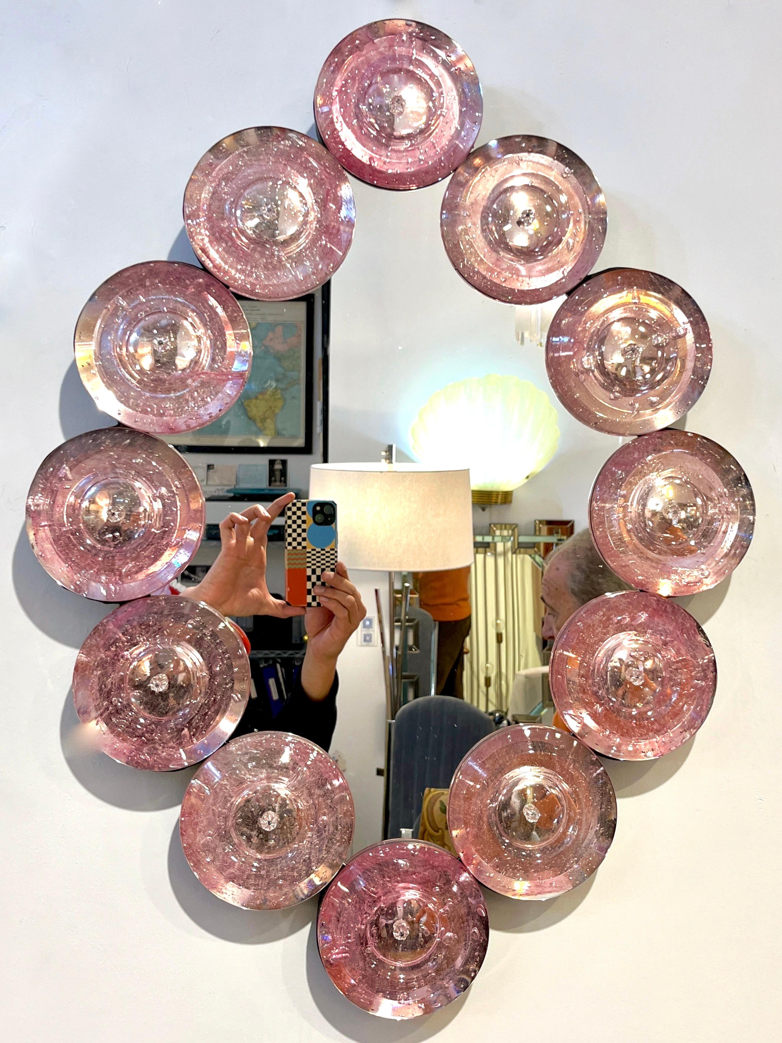 Contemporary Italian Custom Blush Pink Murano Glass Disc Modern Oval Mirror (Miroir ovale contemporain en verre de Murano) en vente 9