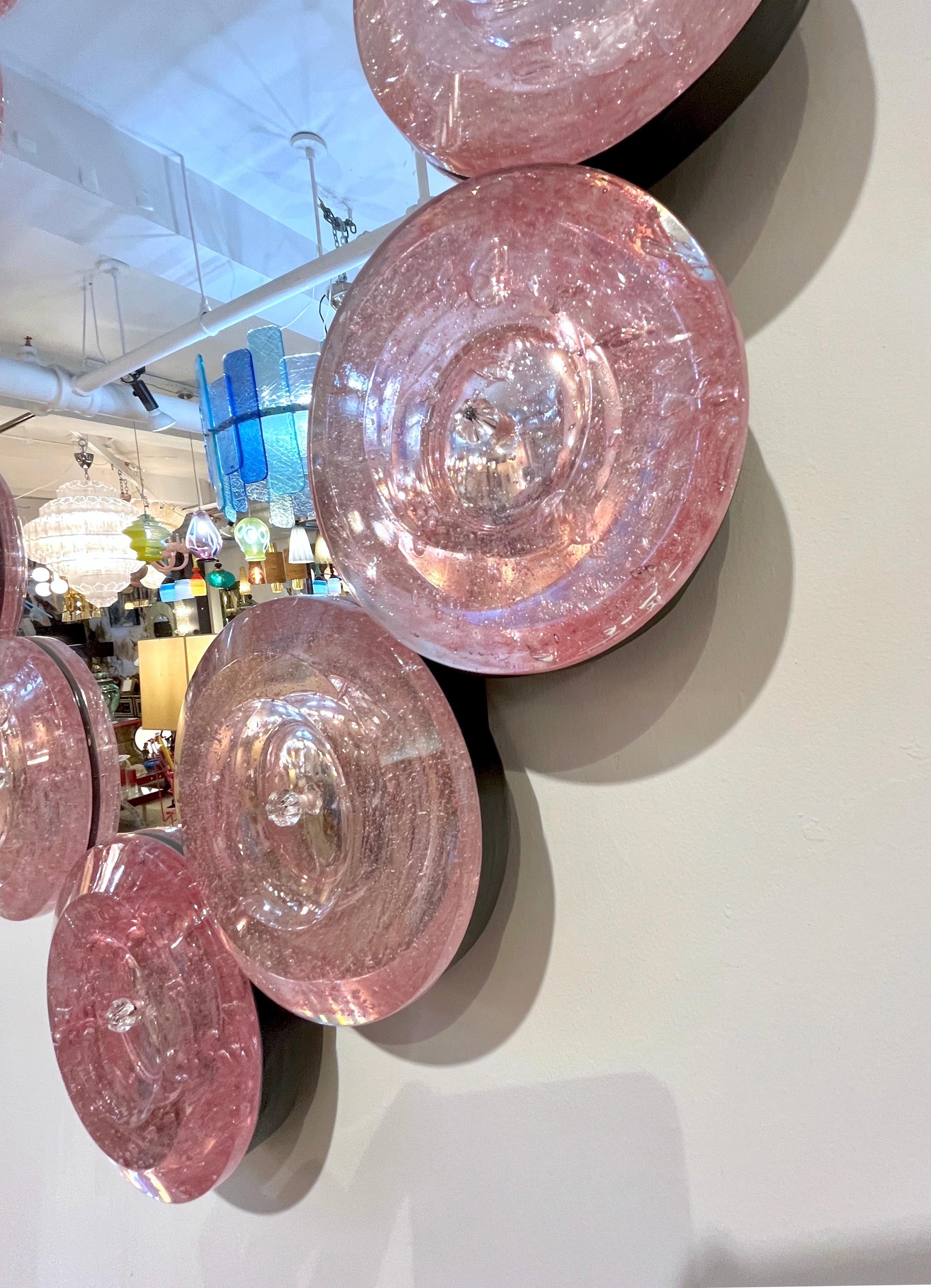 Brass Contemporary Italian Custom Blush Pink Murano Glass Disc Modern Oval Mirror For Sale