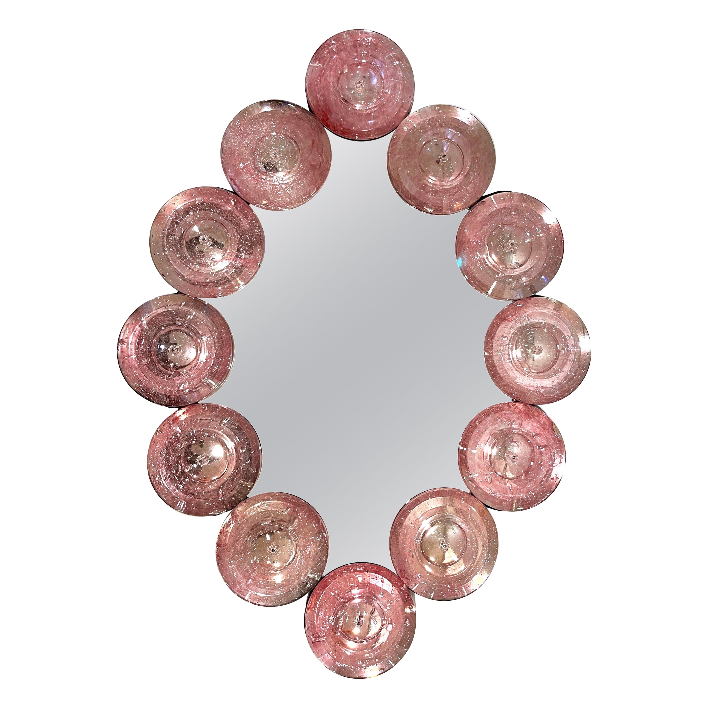 Contemporary Italian Custom Blush Pink Murano Glass Disc Modern Oval Mirror