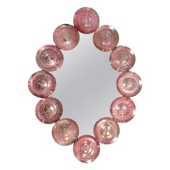 Contemporary Italian Custom Blush Pink Murano Glass Disc Modern Oval Mirror