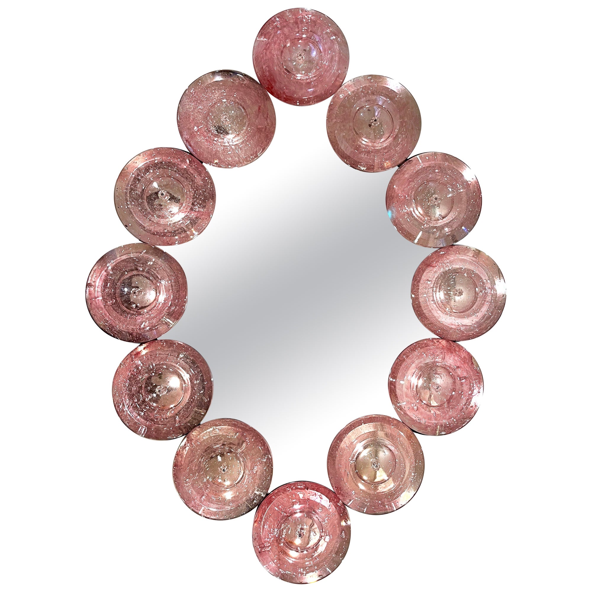 Contemporary Italian Custom Blush Pink Murano Glass Disc Modern Oval Mirror
