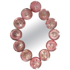 Contemporary Italian Custom Blush Pink Murano Glass Disc Modern Oval Mirror