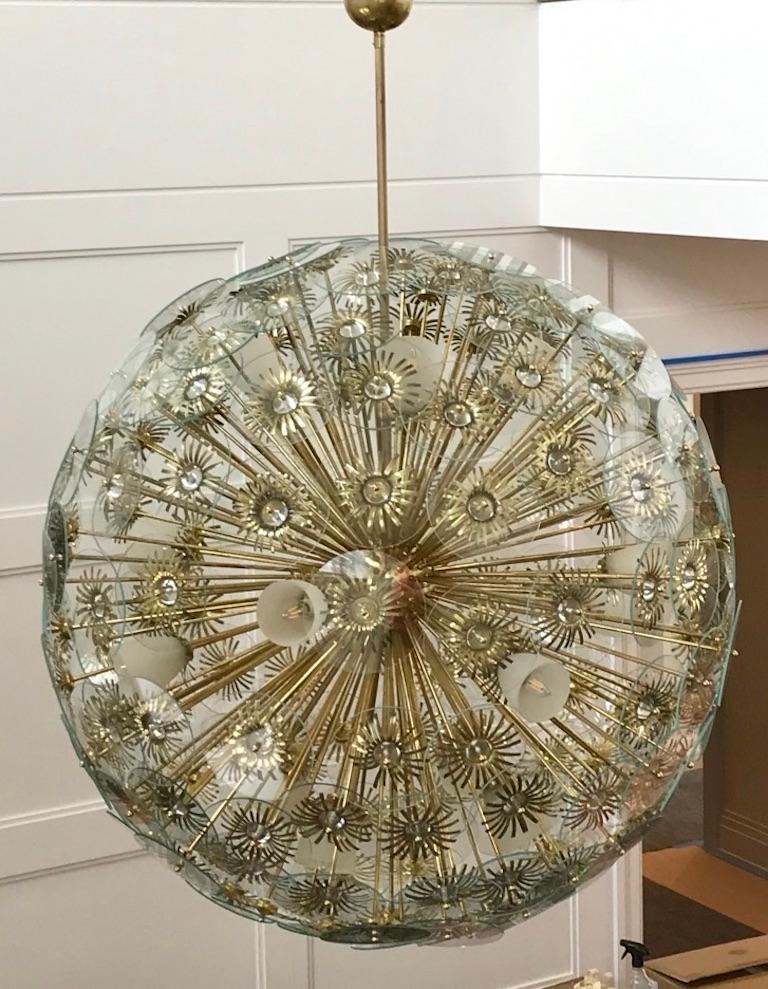 Cut Glass Contemporary Italian Custom Brass and Glass Flower Organic Sputnik Chandelier For Sale