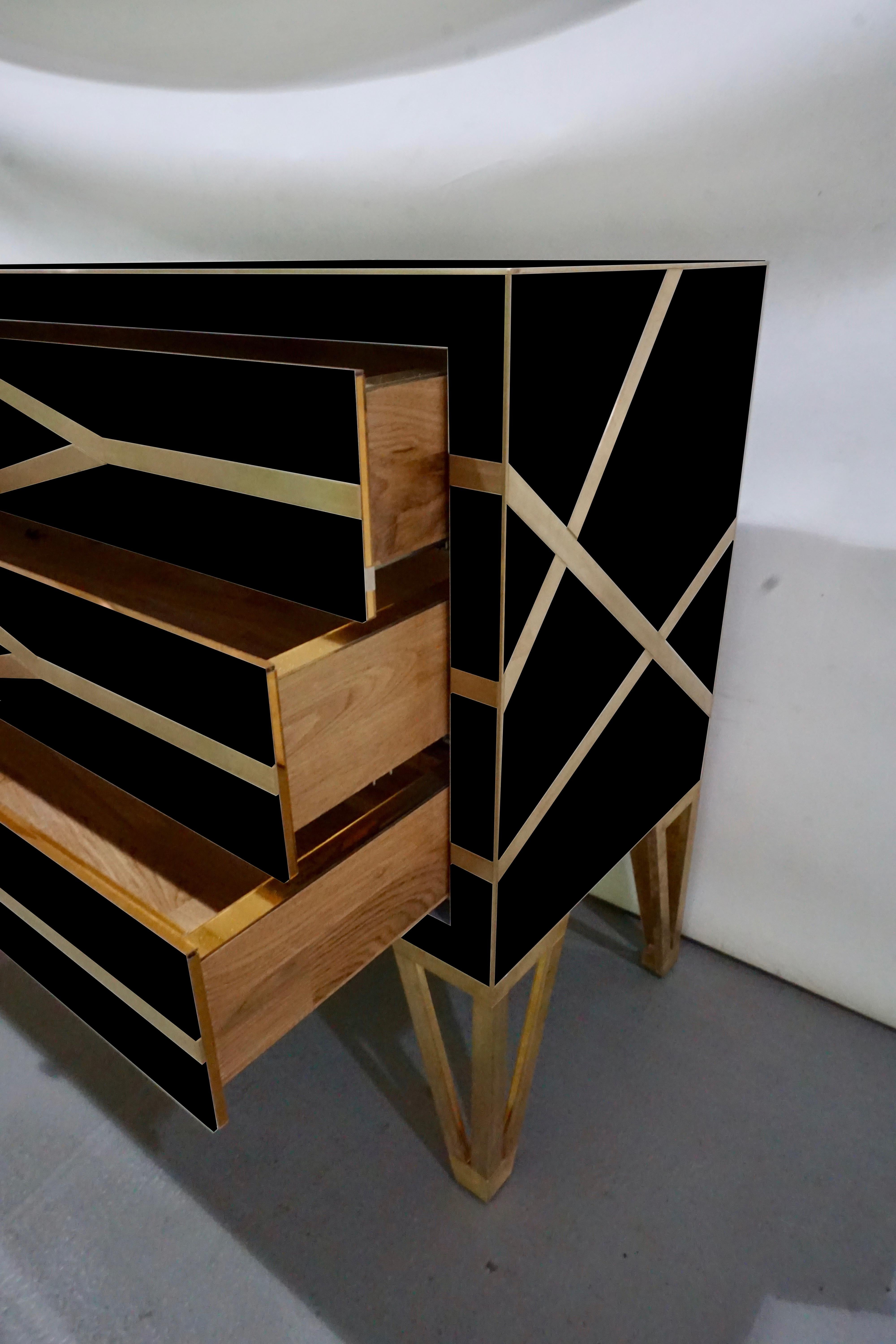 Italian Bespoke Cosulich Creation Gold Brass and Black Three-Drawer Chest or Sideboard