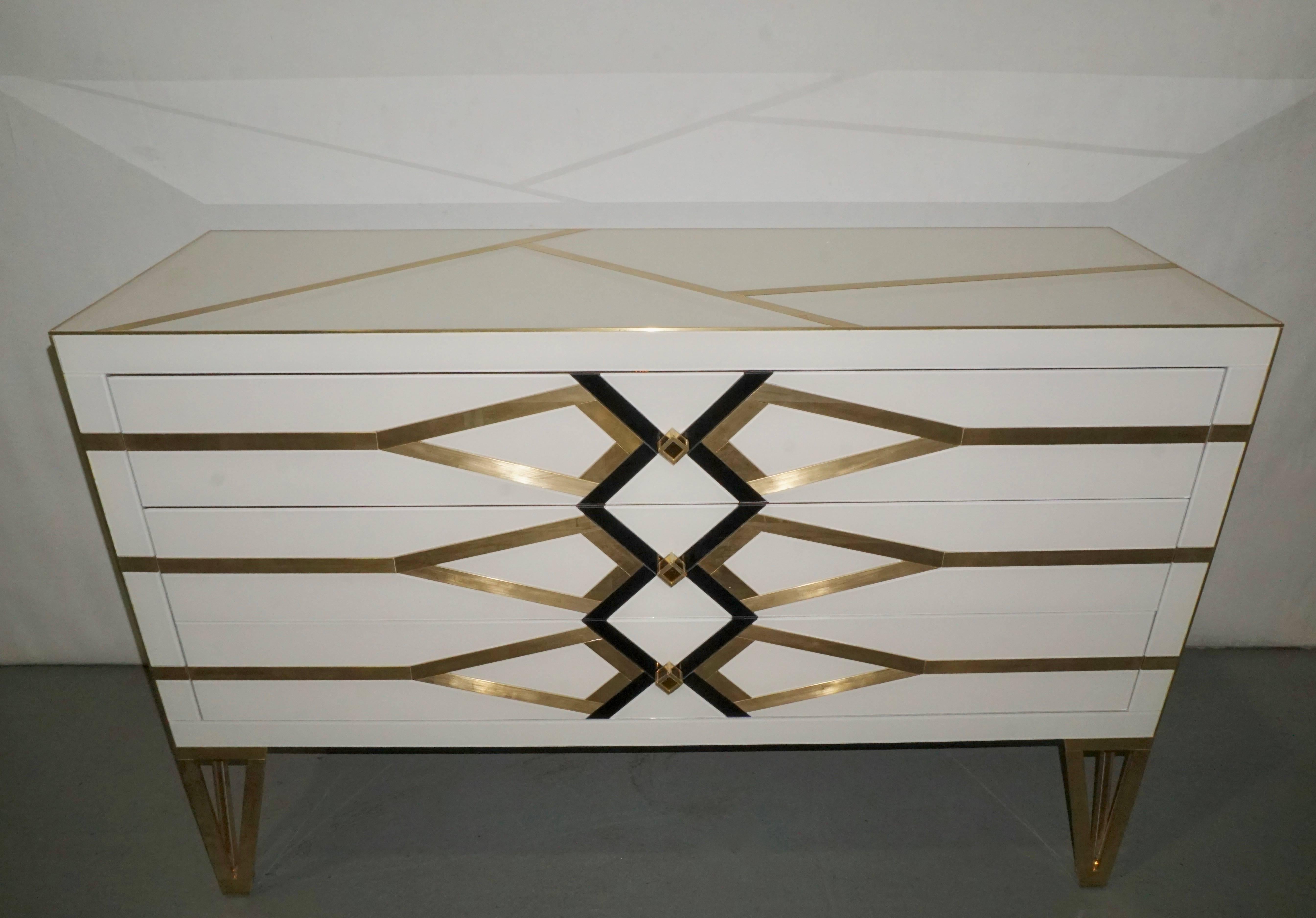 Bespoke Cosulich Creation Art Deco Design Gold Brass Black and Cream White Chest 4