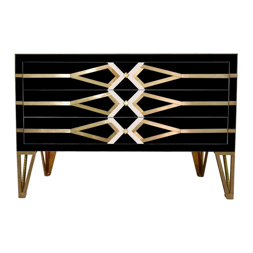 Modern Bespoke Cosulich Creation Art Deco Design Gold Brass Black and Cream White Chest