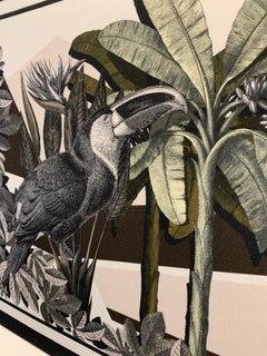 Zeitgenössischer italienischer Designer-Gedruckter Foulard mit mattweißem Holzrahmen