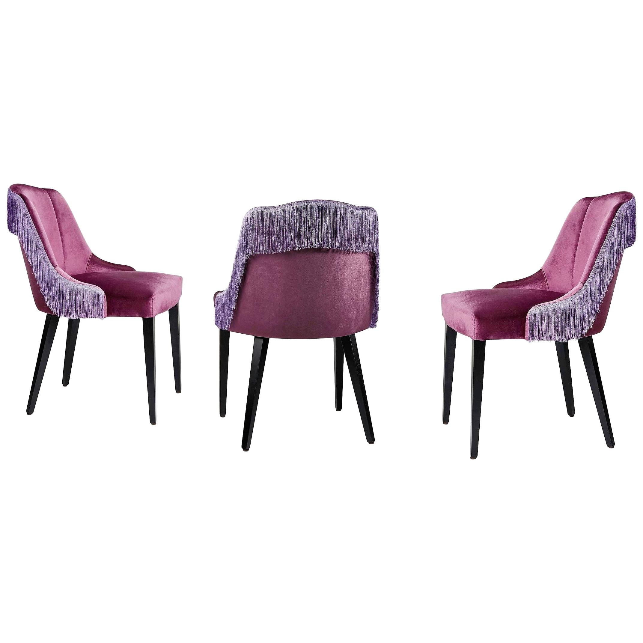 Set of 6 Contemporary Italian Upholstered Dining Chairs with Fringes