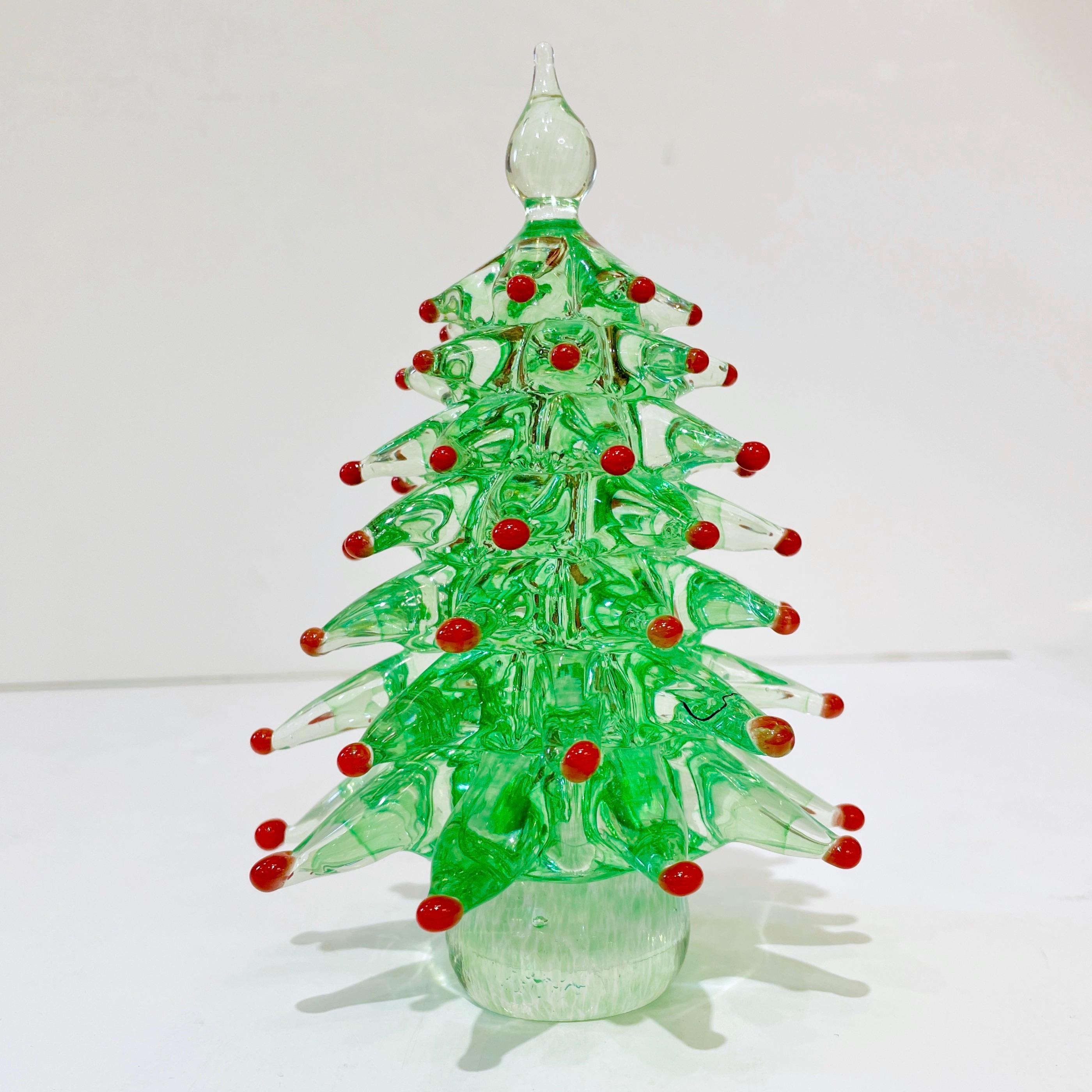 Contemporary Italian Emerald Green Red Murano Glass Christmas Tree Sculpture 4