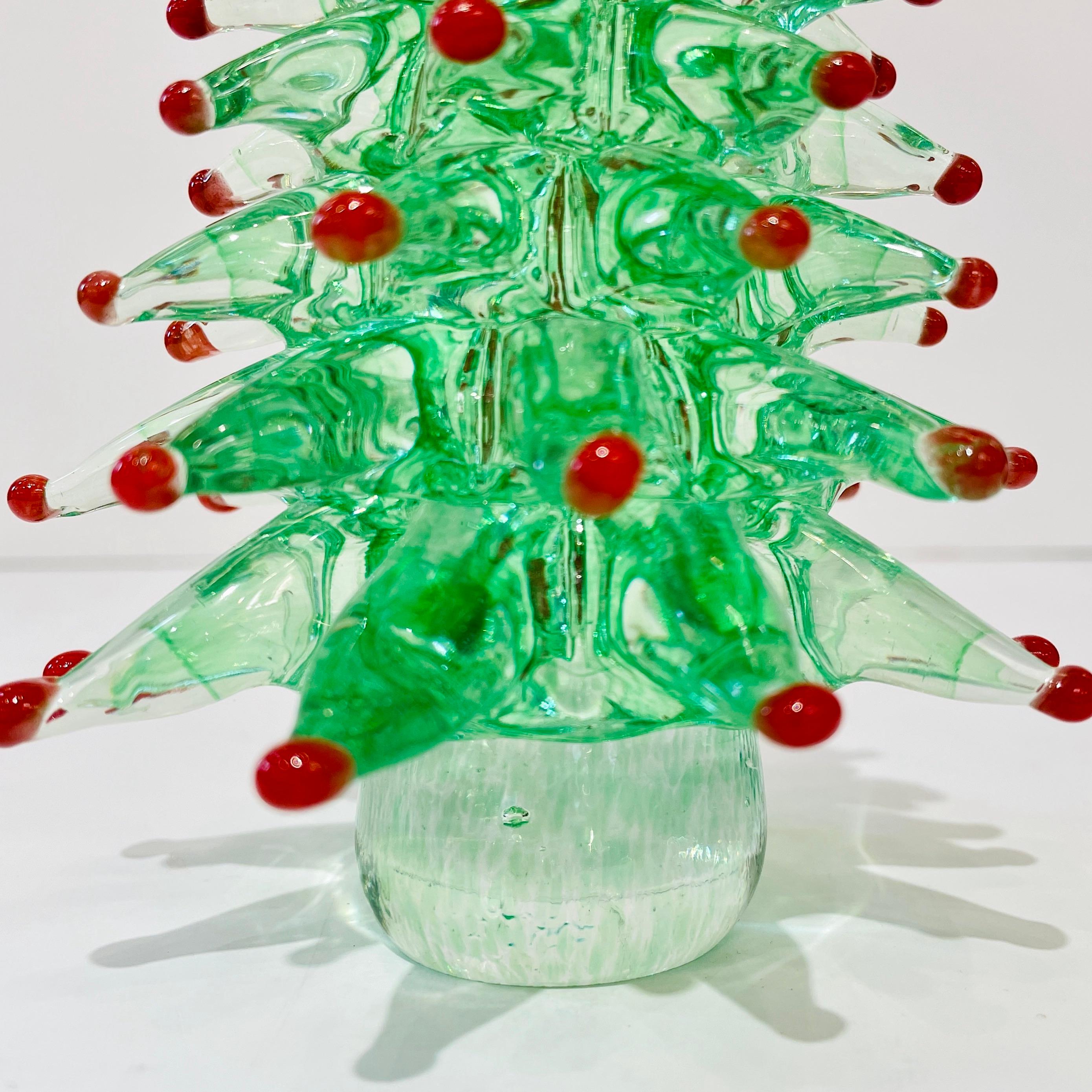 Organic Modern Contemporary Italian Emerald Green Red Murano Glass Christmas Tree Sculpture