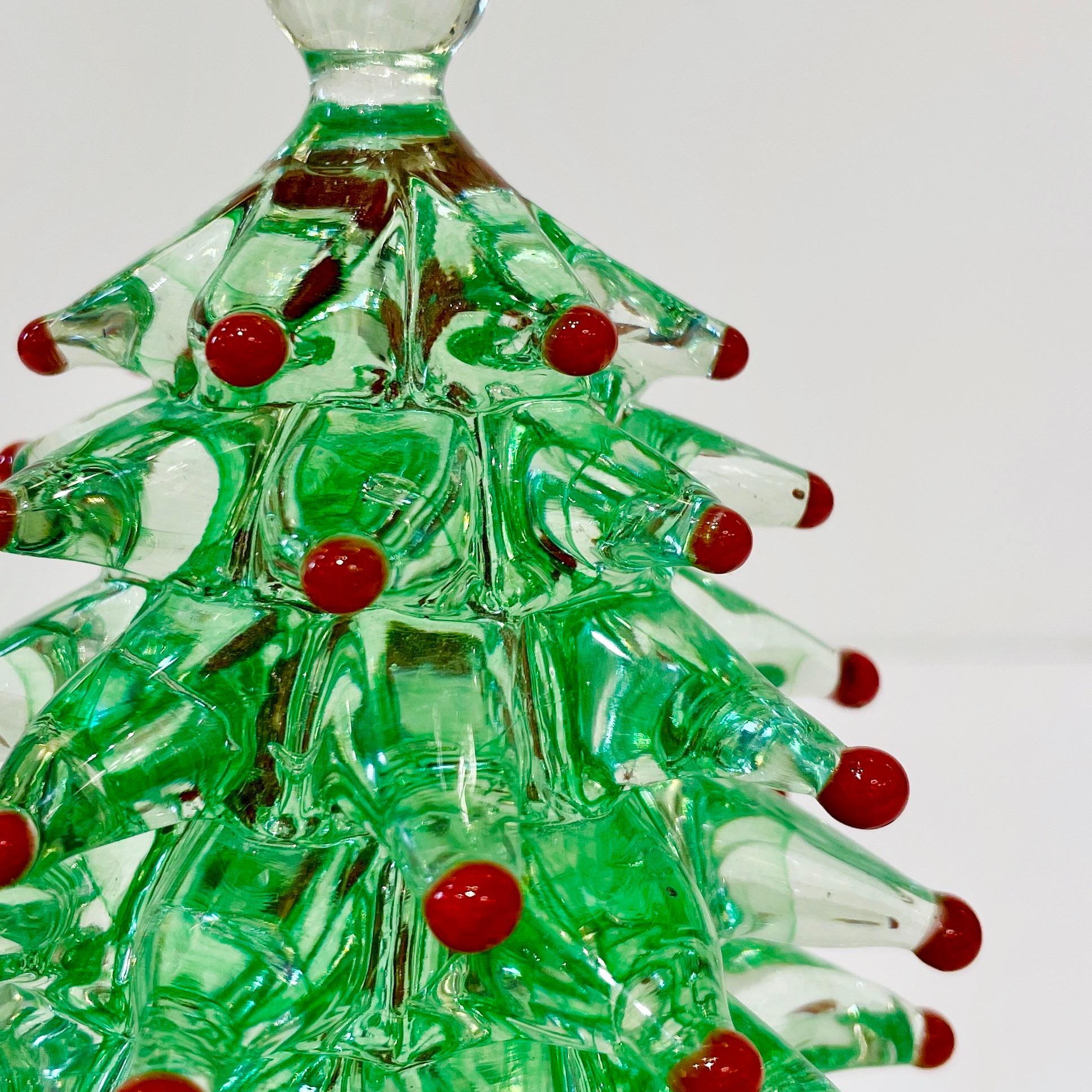 Hand-Crafted Contemporary Italian Emerald Green Red Murano Glass Christmas Tree Sculpture