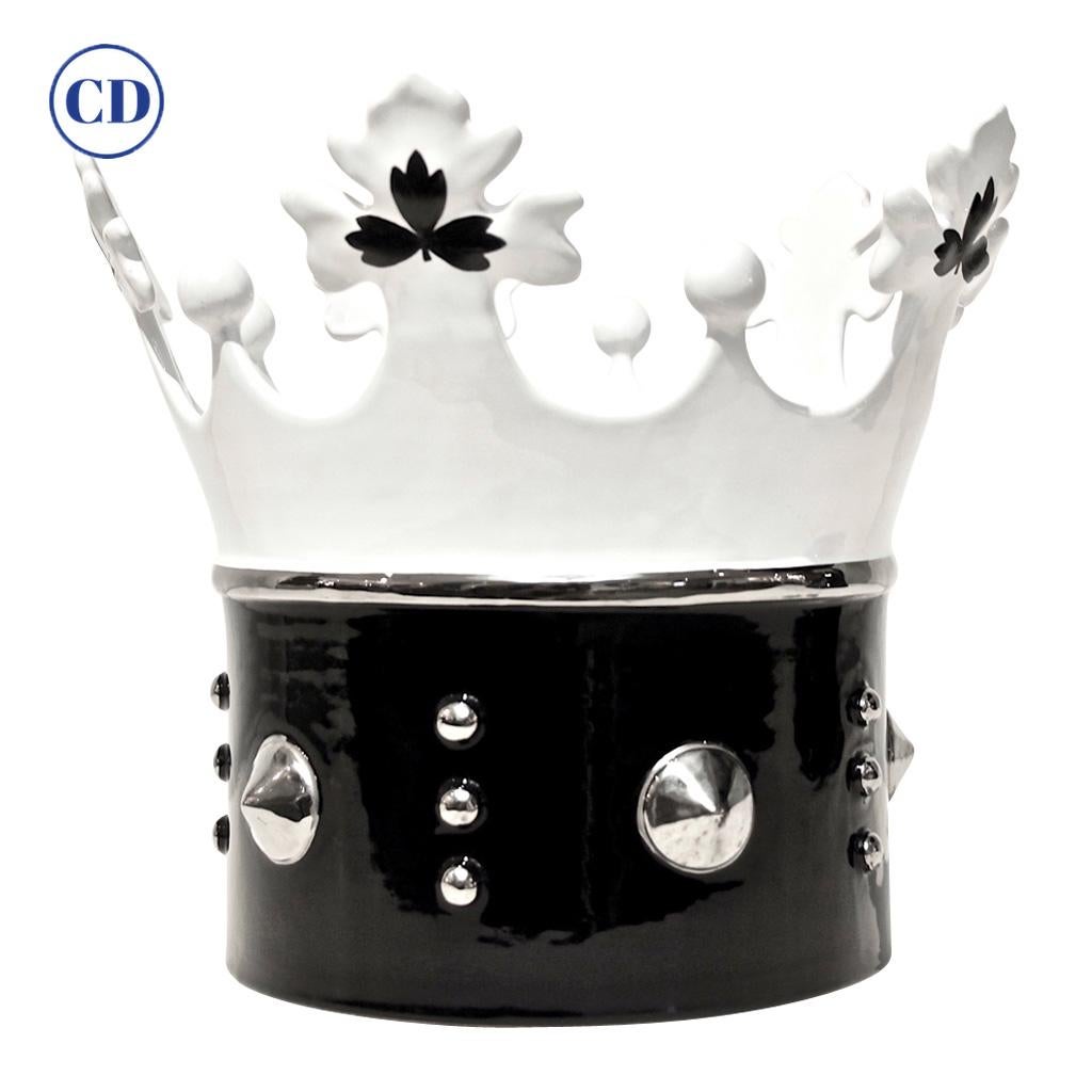 Contemporary Italian Enameled Black White Majolica Crown Bowl & Platinum Accents For Sale 6