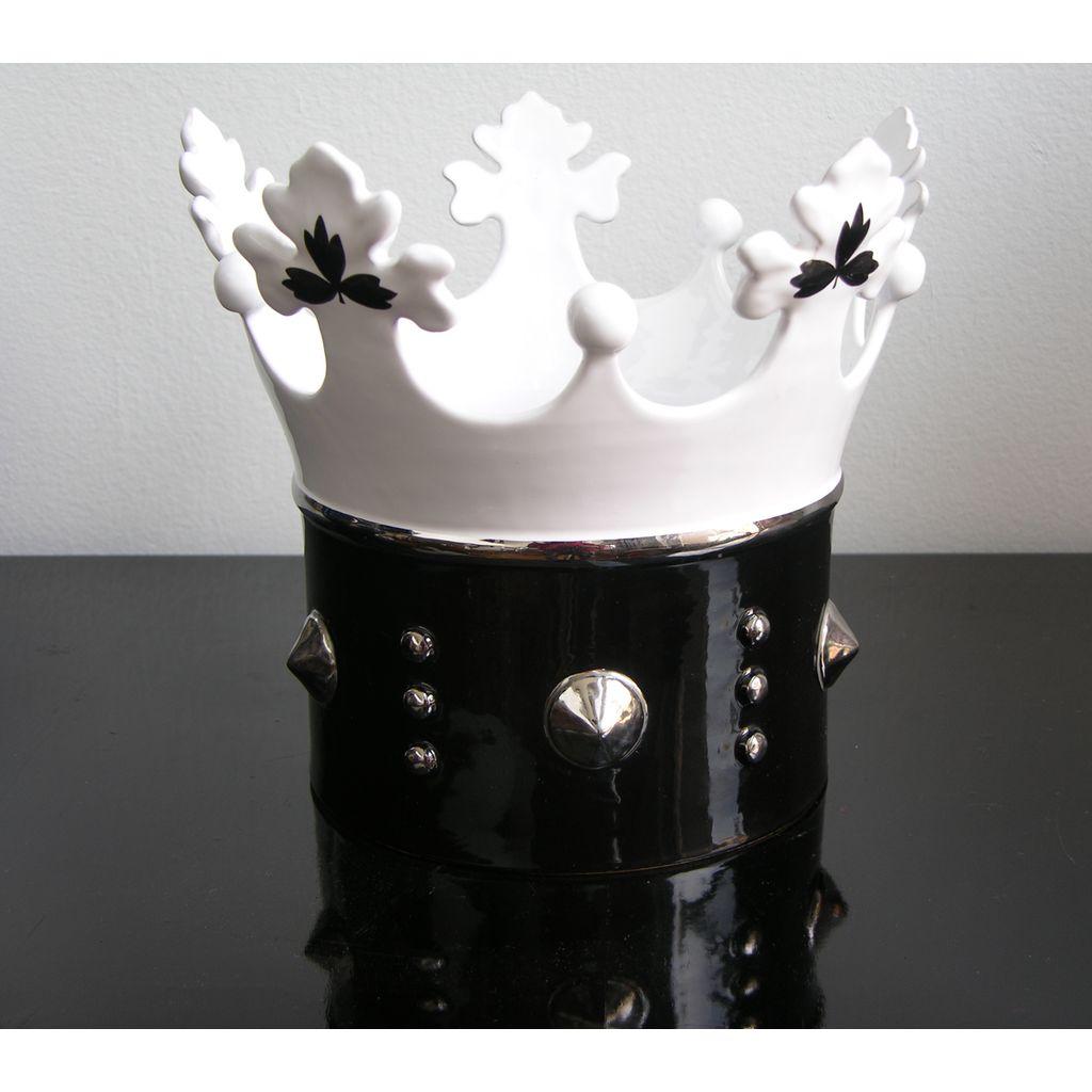 Hand-Crafted Contemporary Italian Enameled Black White Majolica Crown Bowl & Platinum Accents For Sale