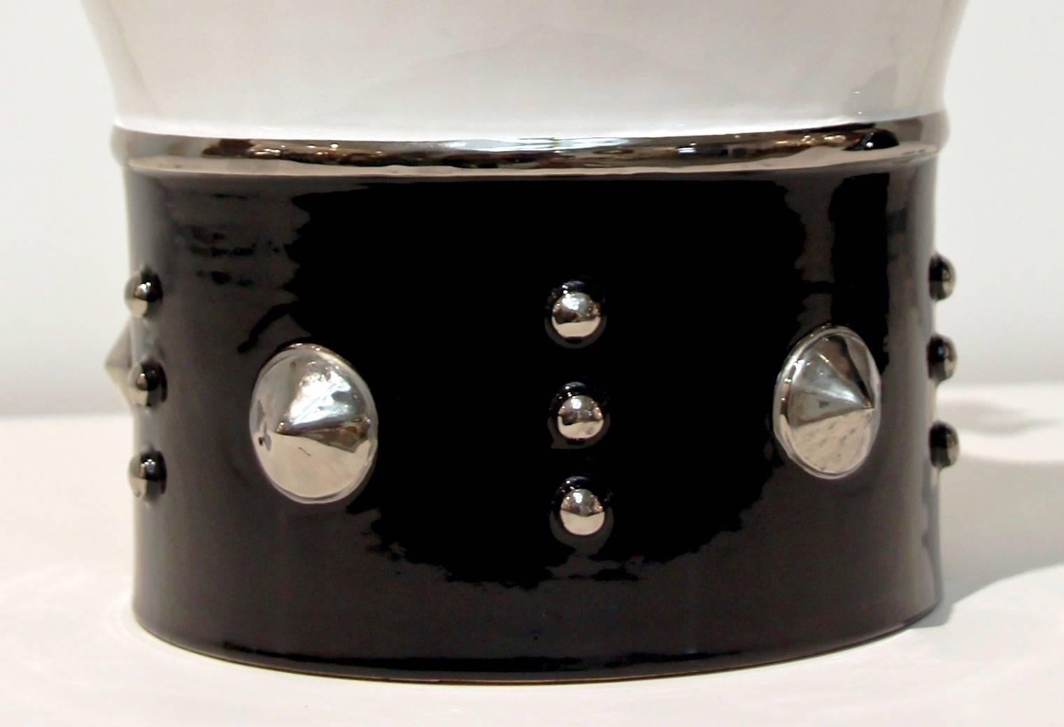 Contemporary Italian Enameled Black White Majolica Crown Bowl & Platinum Accents For Sale 1