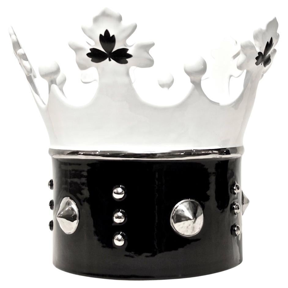 Contemporary Italian Enameled Black White Majolica Crown Bowl & Platinum Accents For Sale