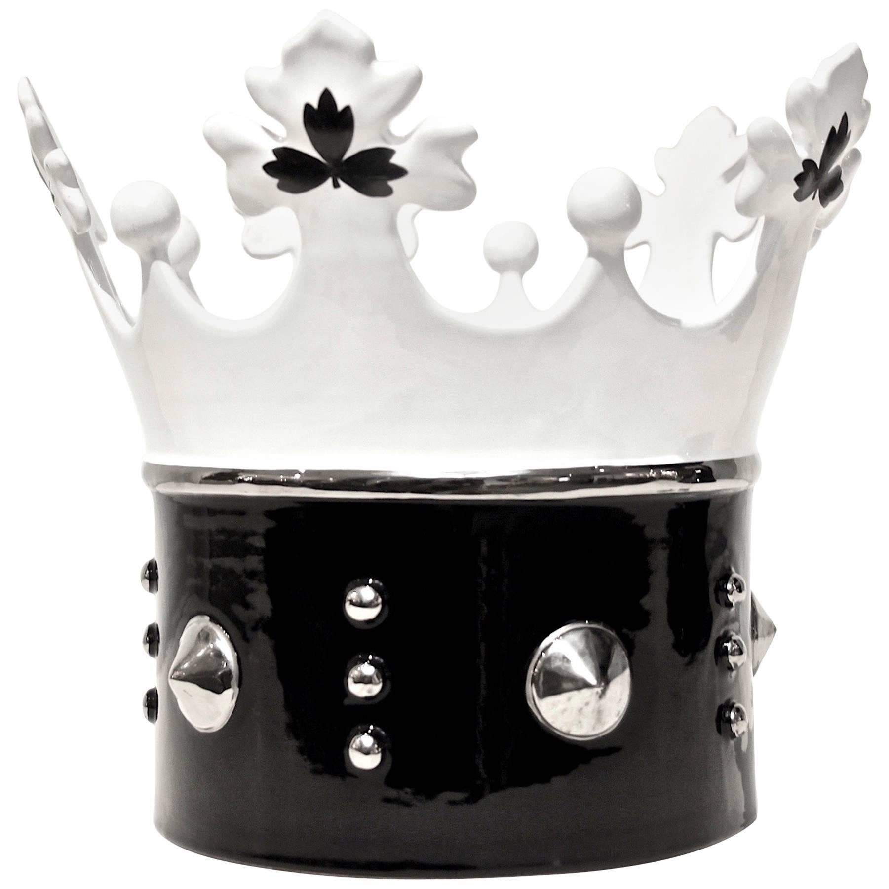 Contemporary Italian Enameled Black White Majolica Crown Bowl & Platinum Accents For Sale