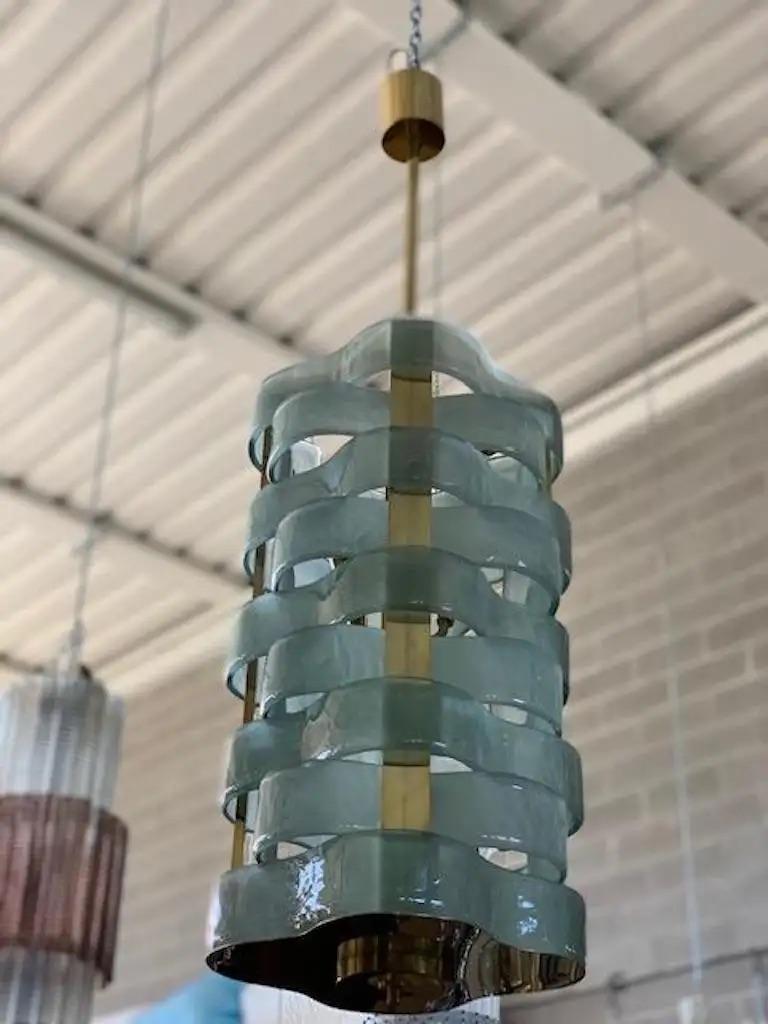 Frosted Contemporary Italian Fontana Arte Style Light Blue Murano Glass Brass Pendant For Sale