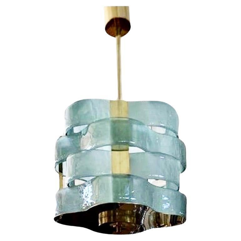 Contemporary Italian Fontana Arte Style Light Blue Murano Glass Brass Pendelleuchte
