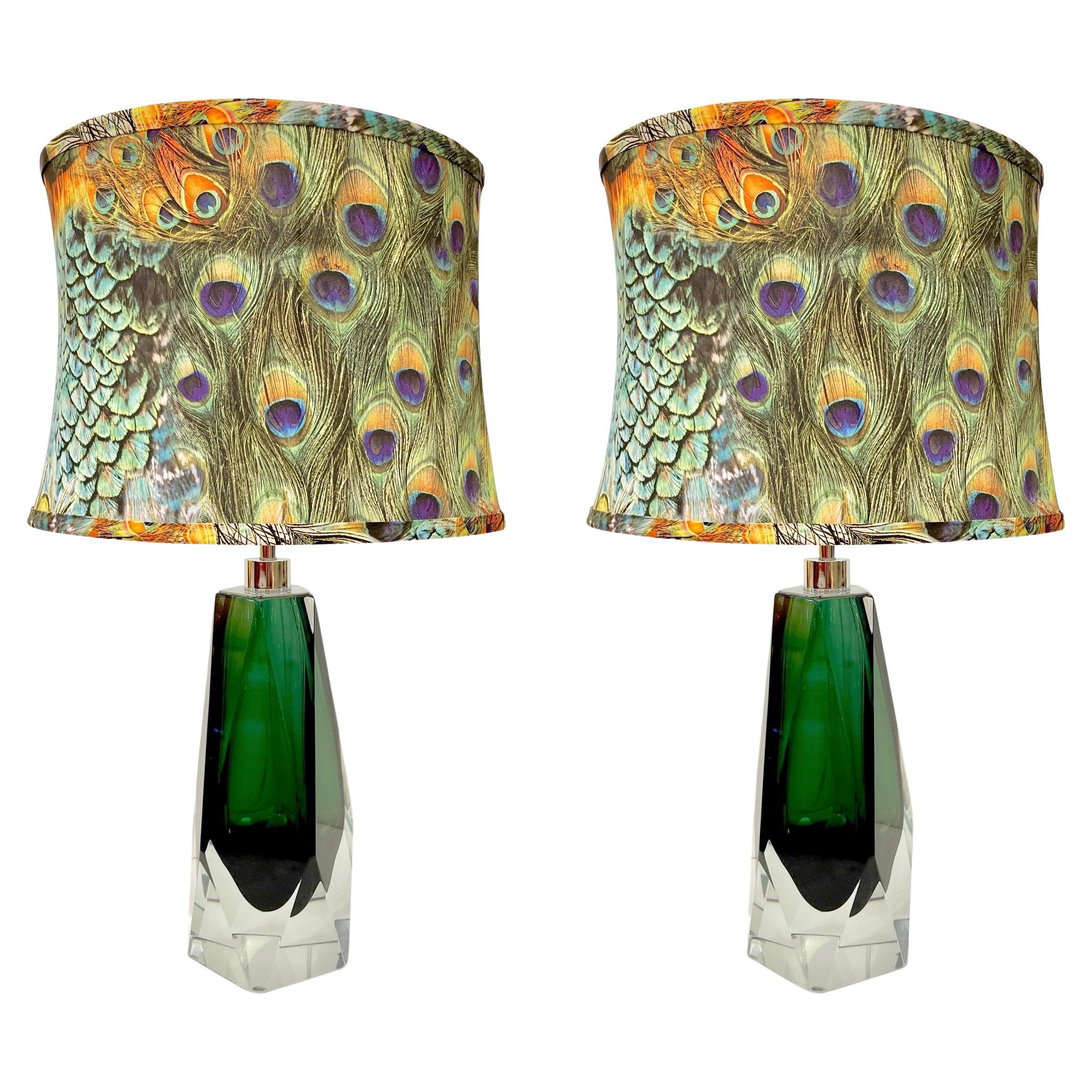 Contemporary Italian Forest Green Diamond Cut Crystal Murano Glass Table Lamps For Sale