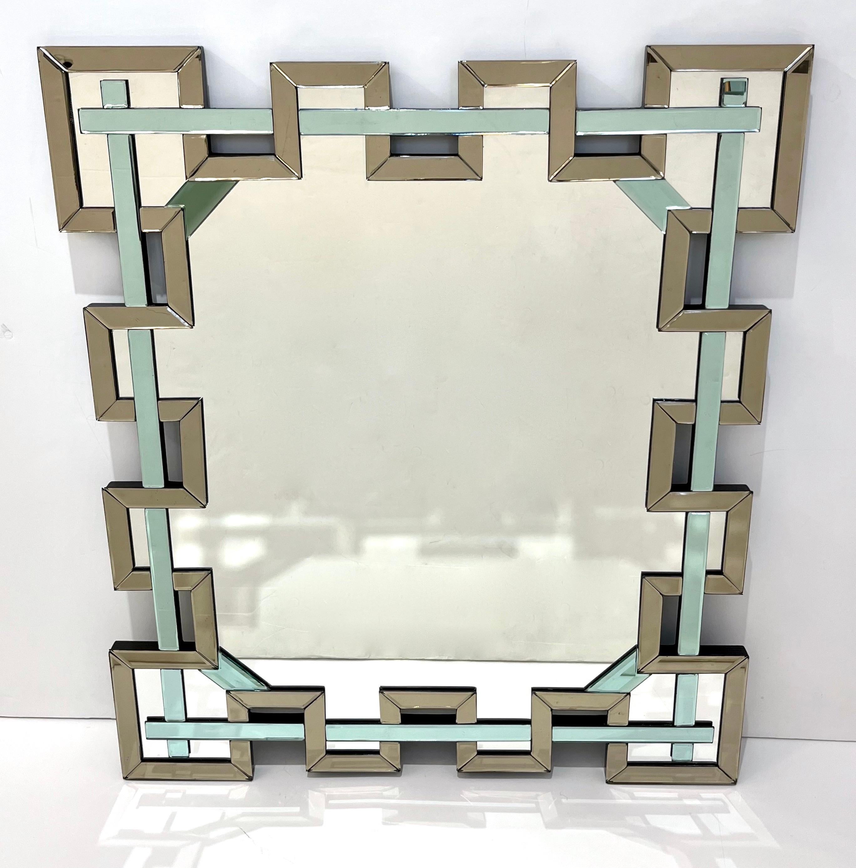 Contemporary Italian Geometric Murano Glass Mirror with Aqua Green Ribbon Decor For Sale 4