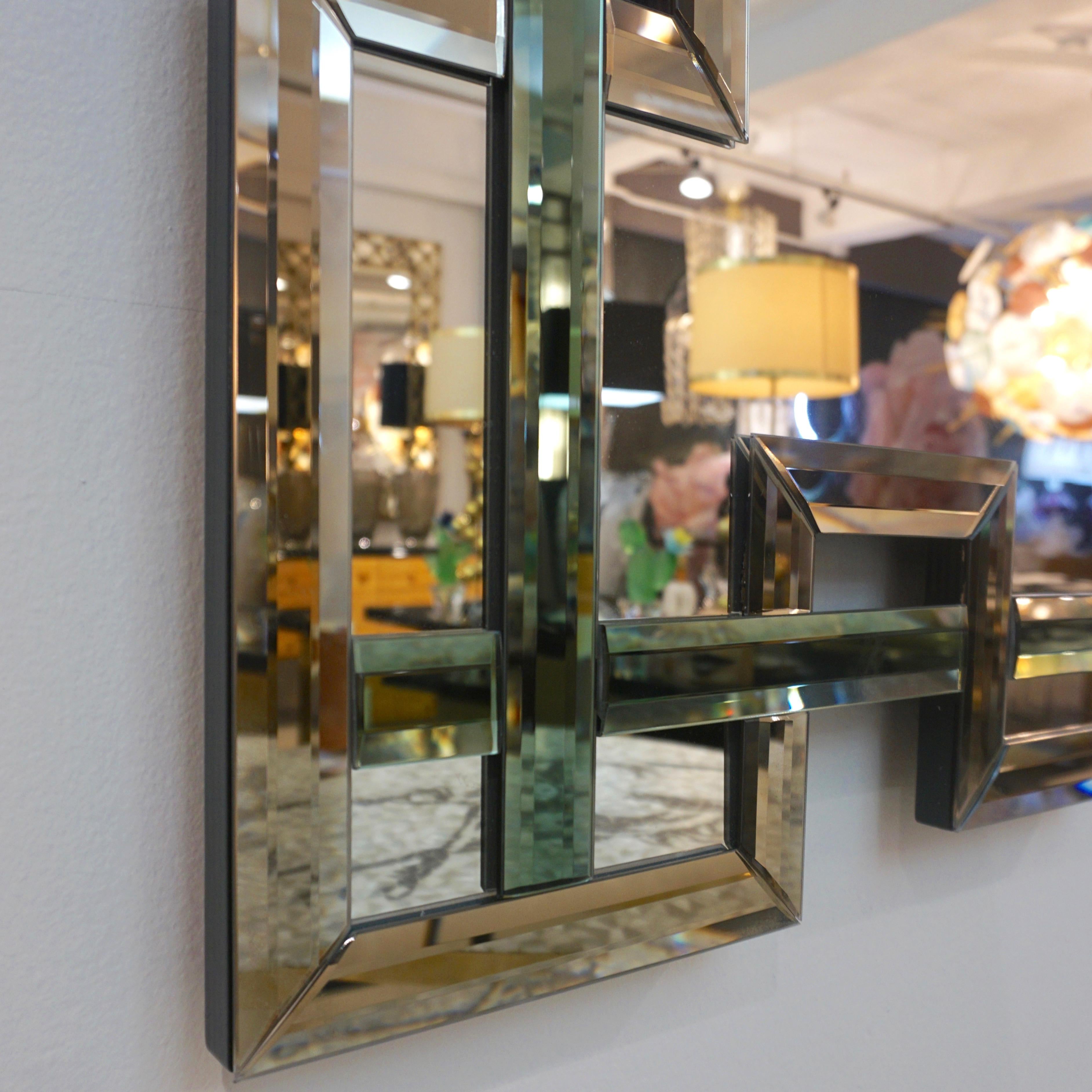 Contemporary Italian Geometric Murano Glass Mirror with Aqua Green Ribbon Decor 5