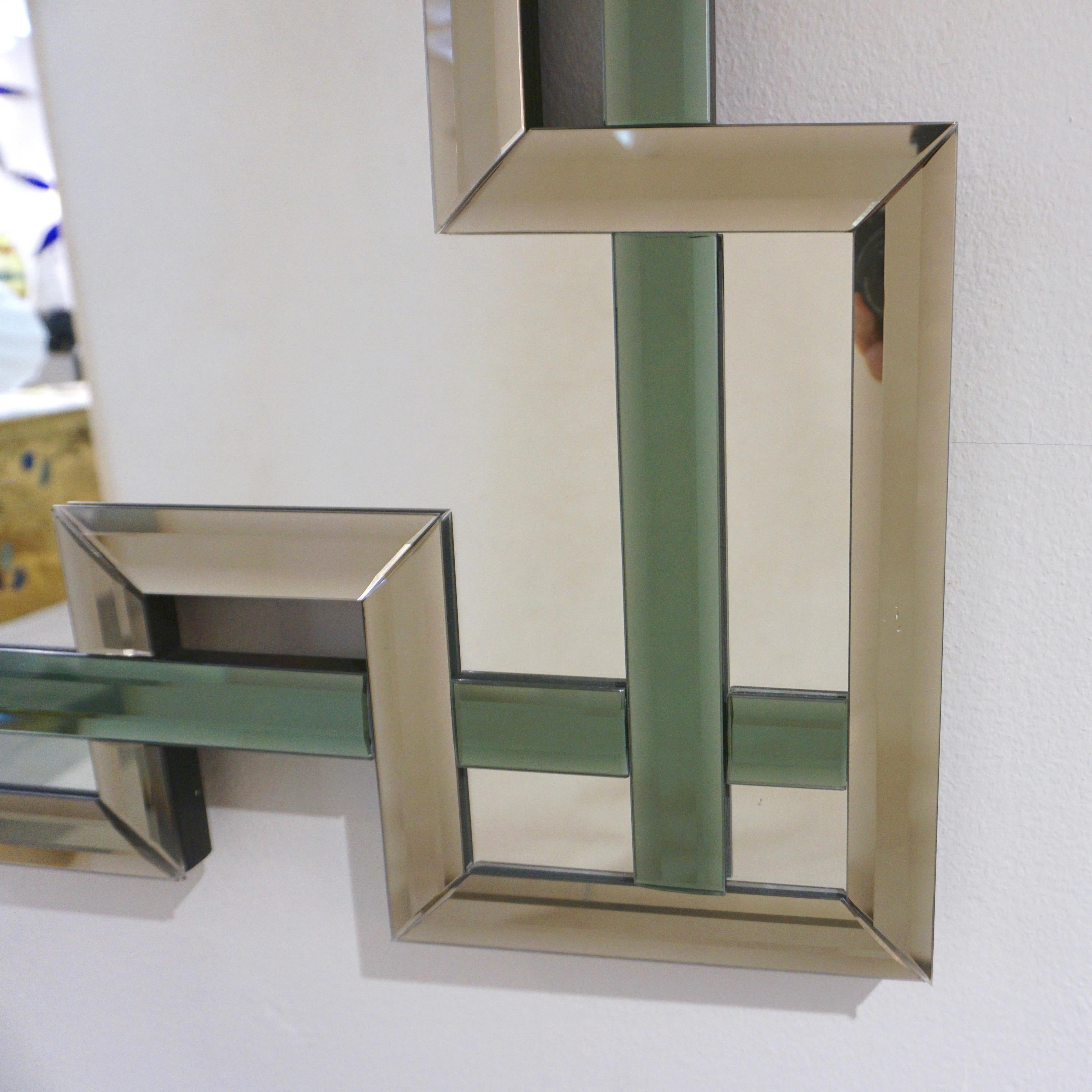 Organic Modern Contemporary Italian Geometric Murano Glass Mirror with Aqua Green Ribbon Decor