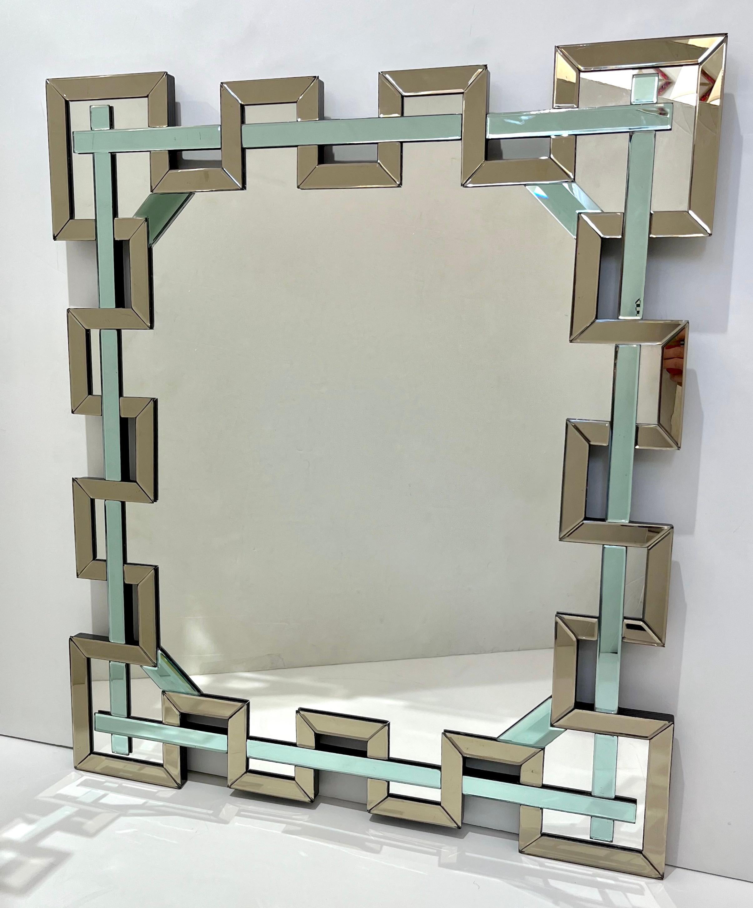 Organic Modern Contemporary Italian Geometric Murano Glass Mirror with Aqua Green Ribbon Decor For Sale