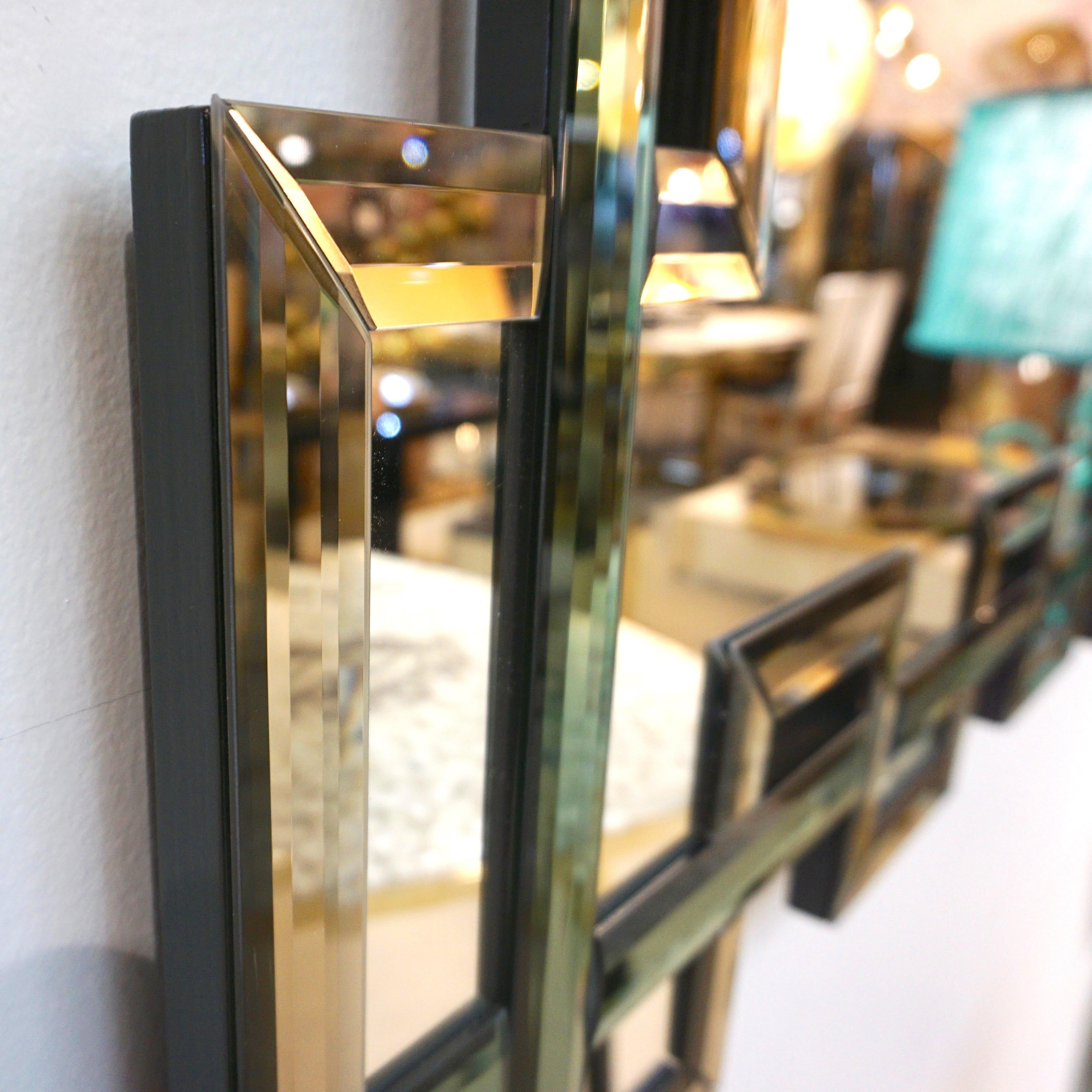 Beveled Contemporary Italian Geometric Murano Glass Mirror with Aqua Green Ribbon Decor