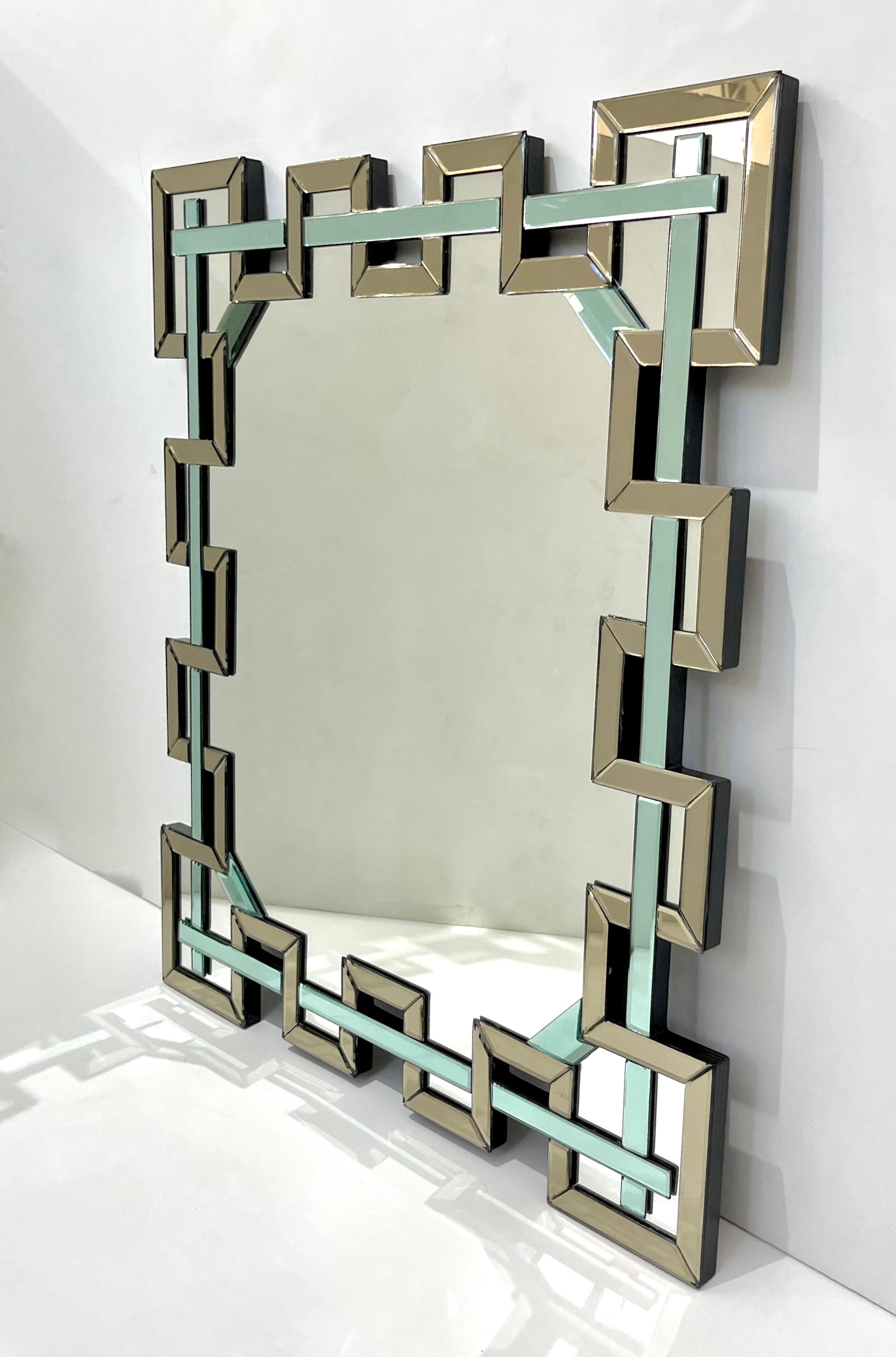 Hand-Crafted Contemporary Italian Geometric Murano Glass Mirror with Aqua Green Ribbon Decor For Sale