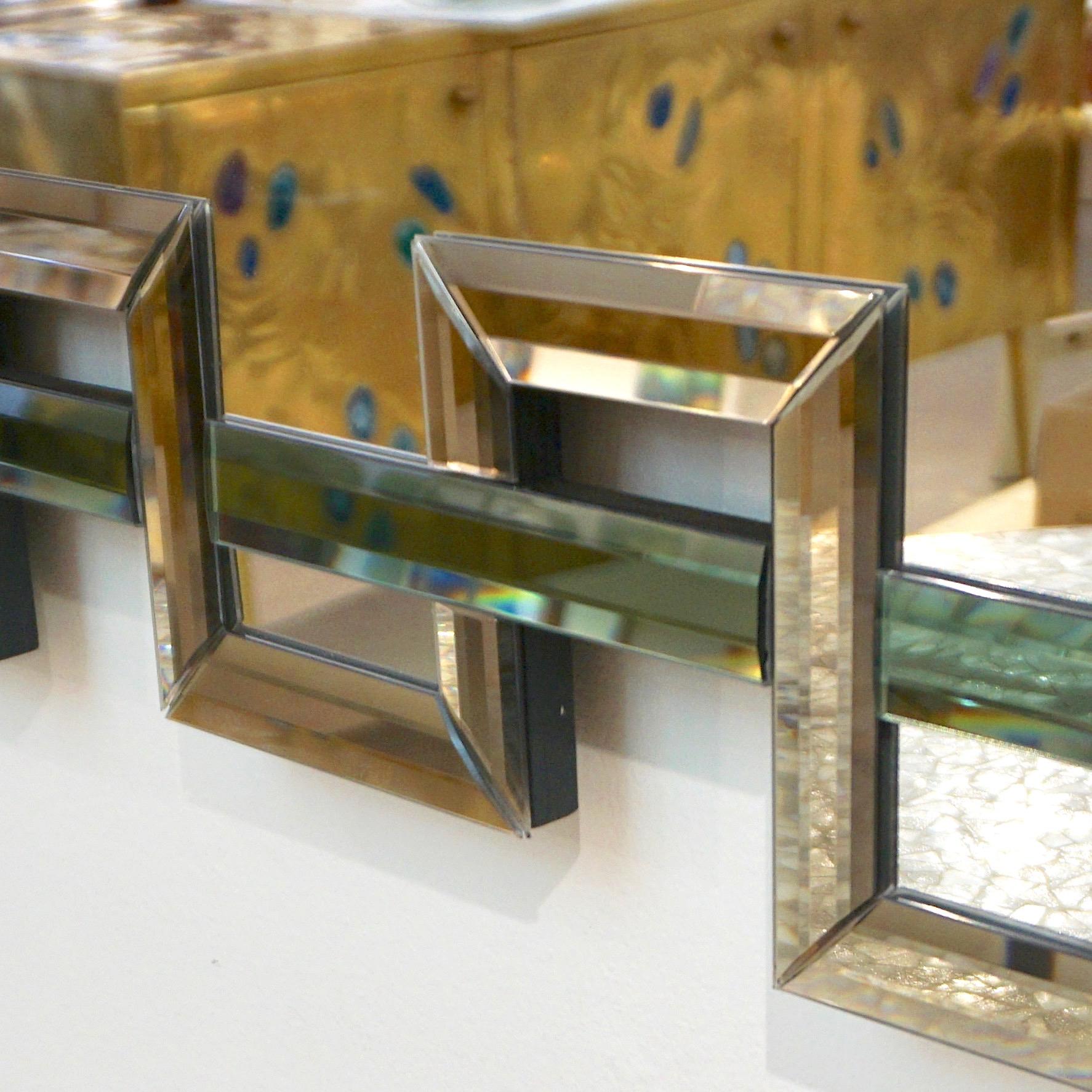 Contemporary Italian Geometric Murano Glass Mirror with Aqua Green Ribbon Decor In New Condition In New York, NY