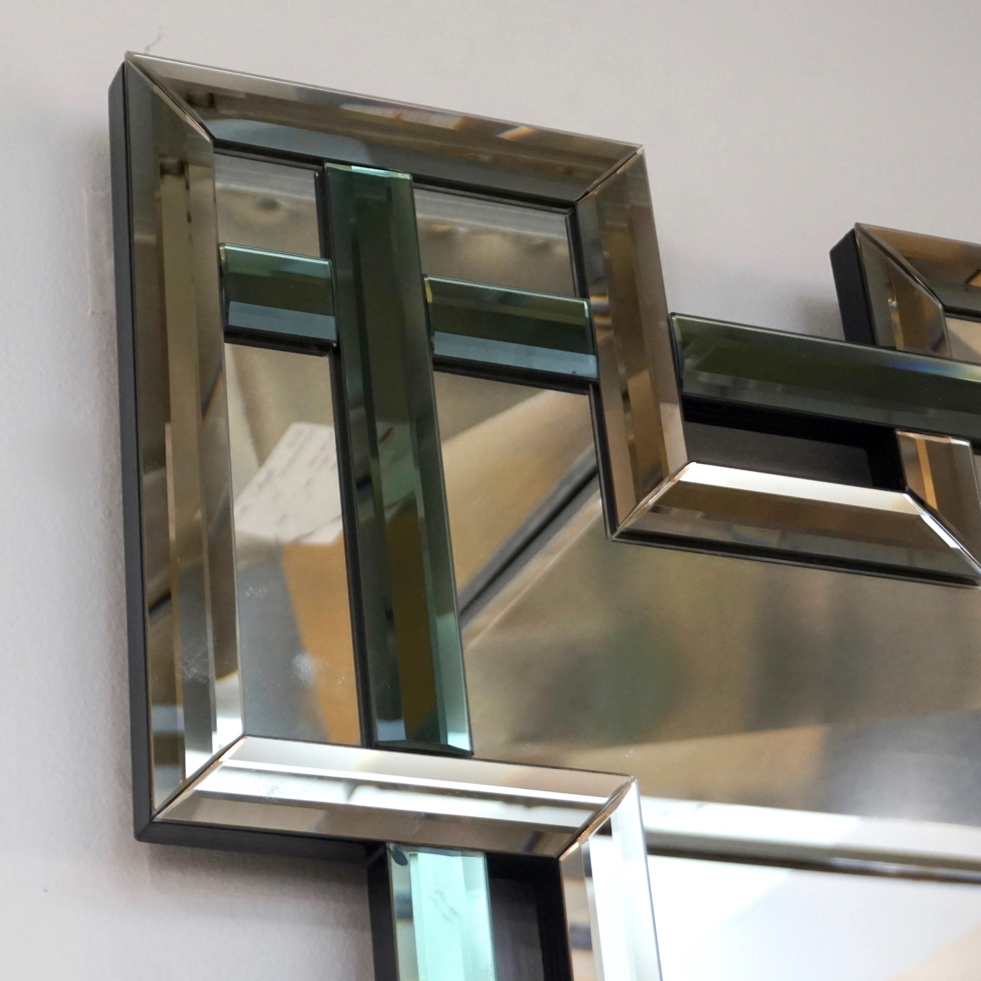Art Glass Contemporary Italian Geometric Murano Glass Mirror with Aqua Green Ribbon Decor
