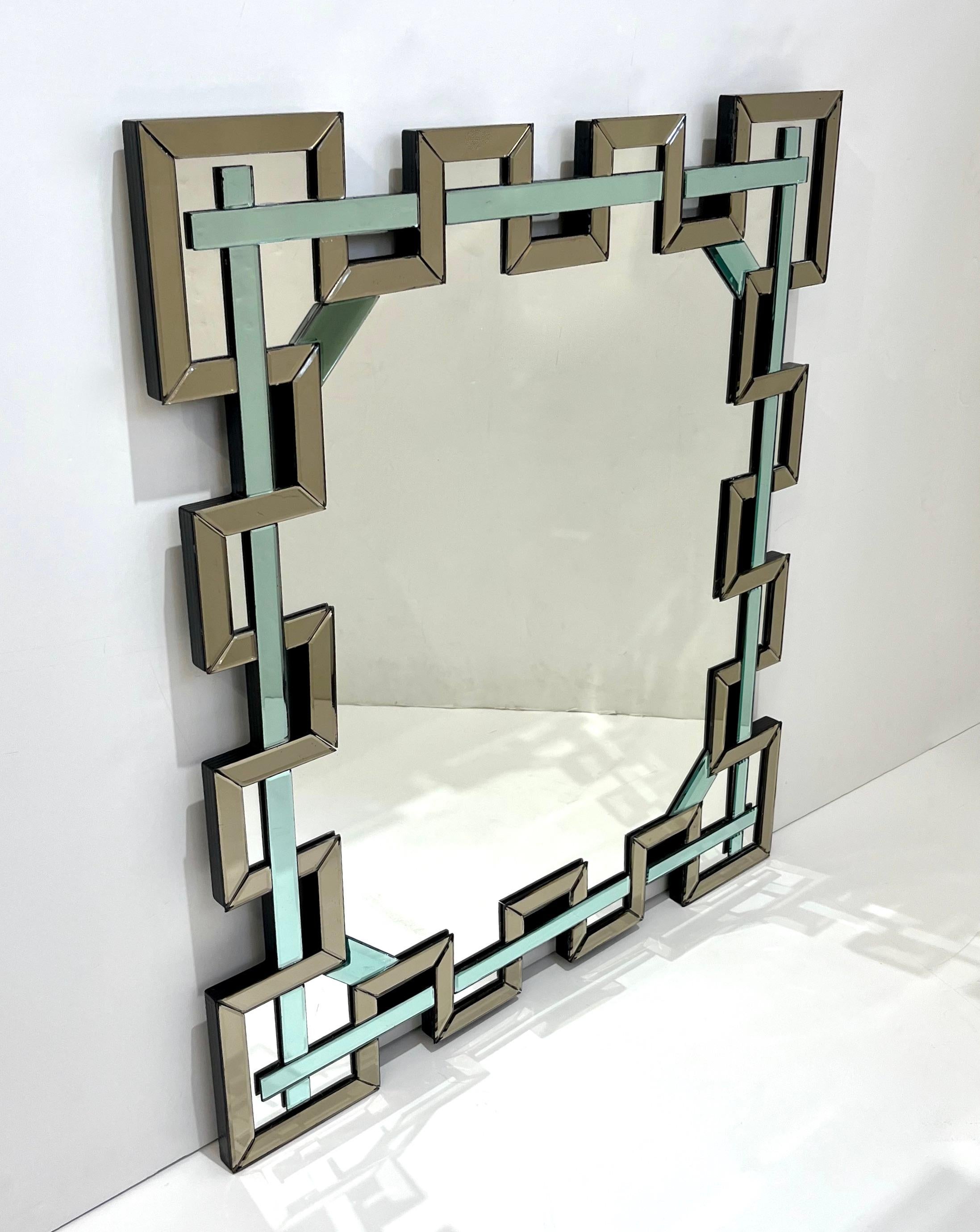 Contemporary Italian Geometric Murano Glass Mirror with Aqua Green Ribbon Decor For Sale 1
