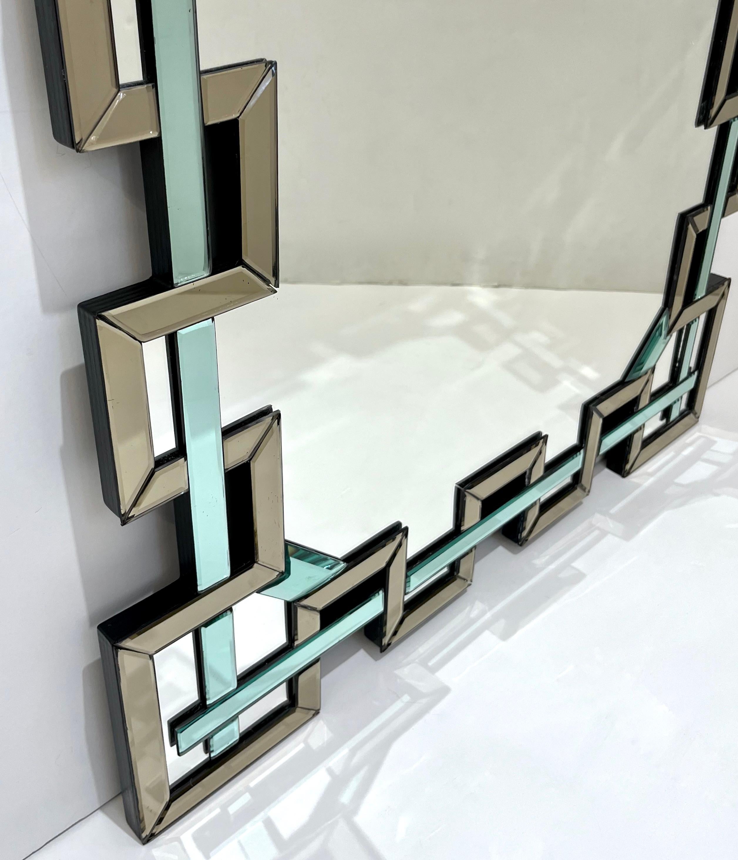 Contemporary Italian Geometric Murano Glass Mirror with Aqua Green Ribbon Decor For Sale 3