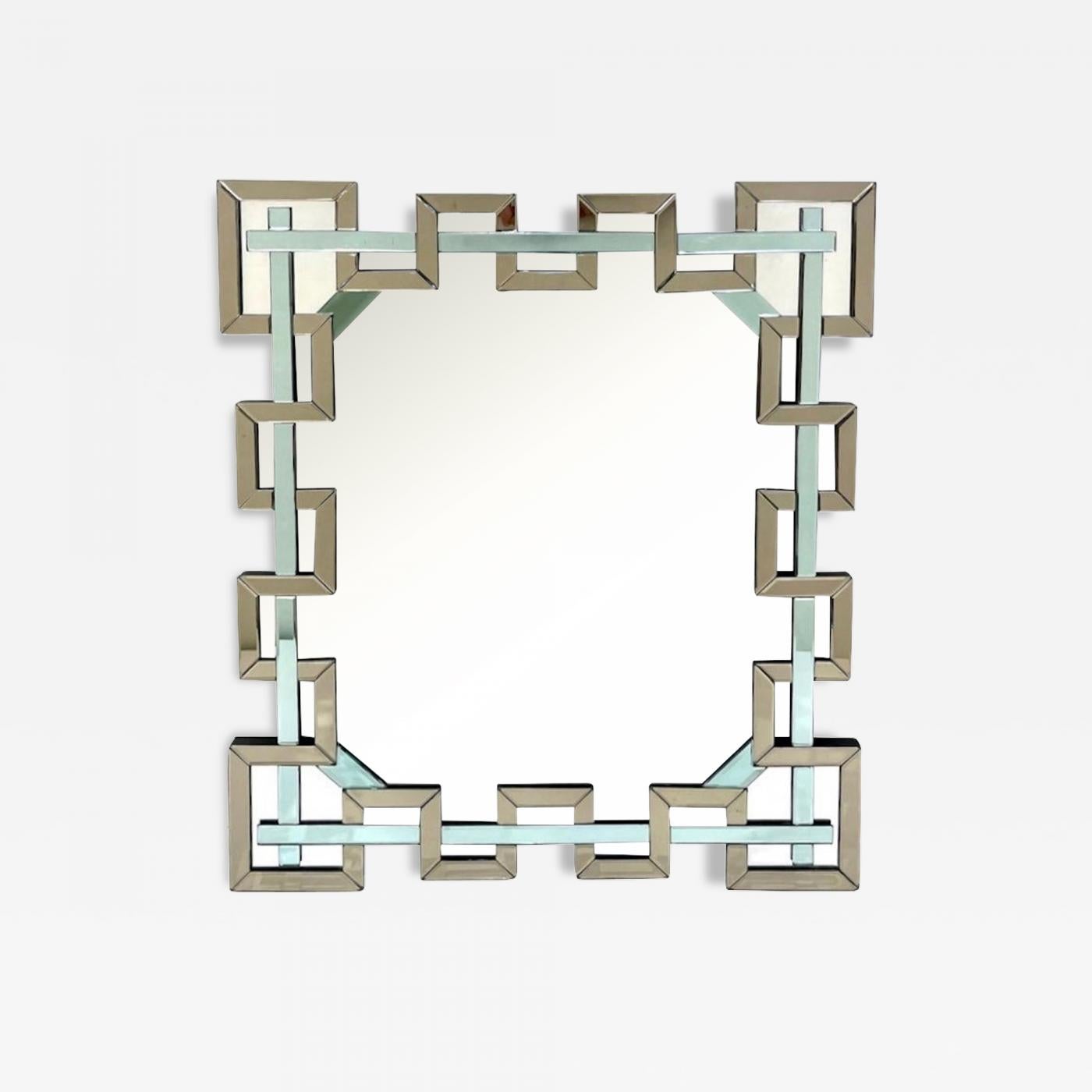 Contemporary Italian Geometric Murano Glass Mirror with Aqua Green Ribbon Decor For Sale
