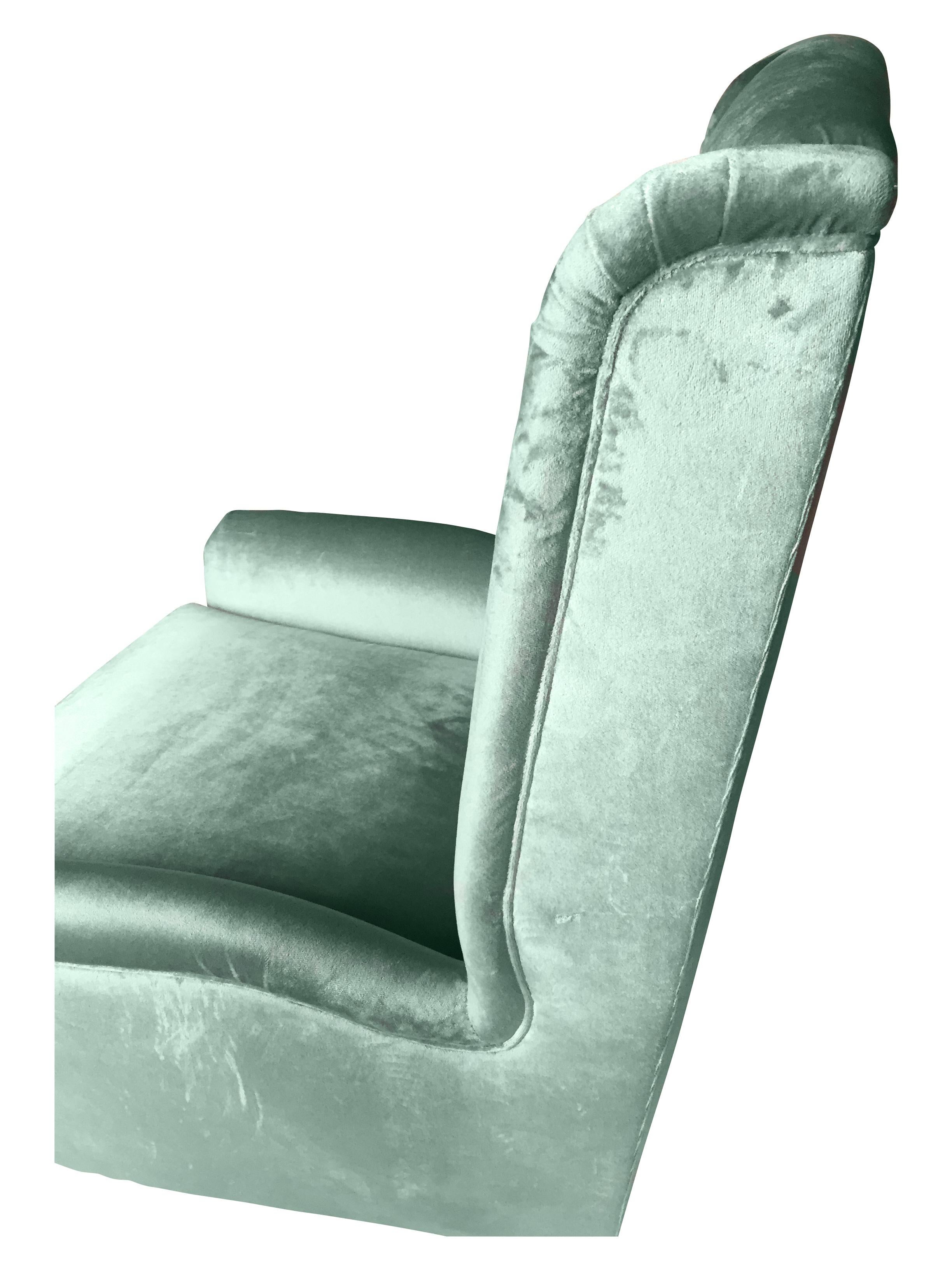 Hand-Crafted Contemporary Italian Gio Ponti Style Teal Aqua Green Velvet High Back Armchair